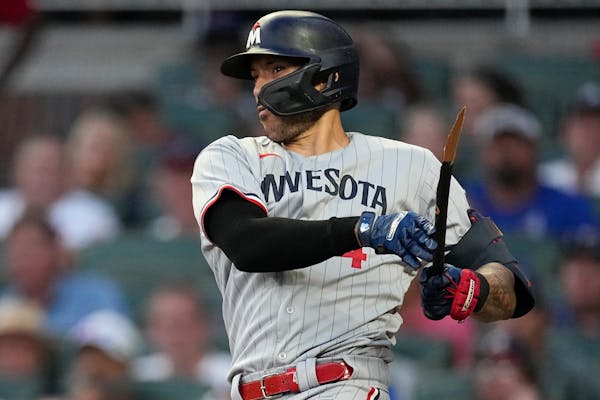 Carlos Correa broke his bat as he lined out to Atlanta Braves third baseman Austin Riley in Monday’s loss.