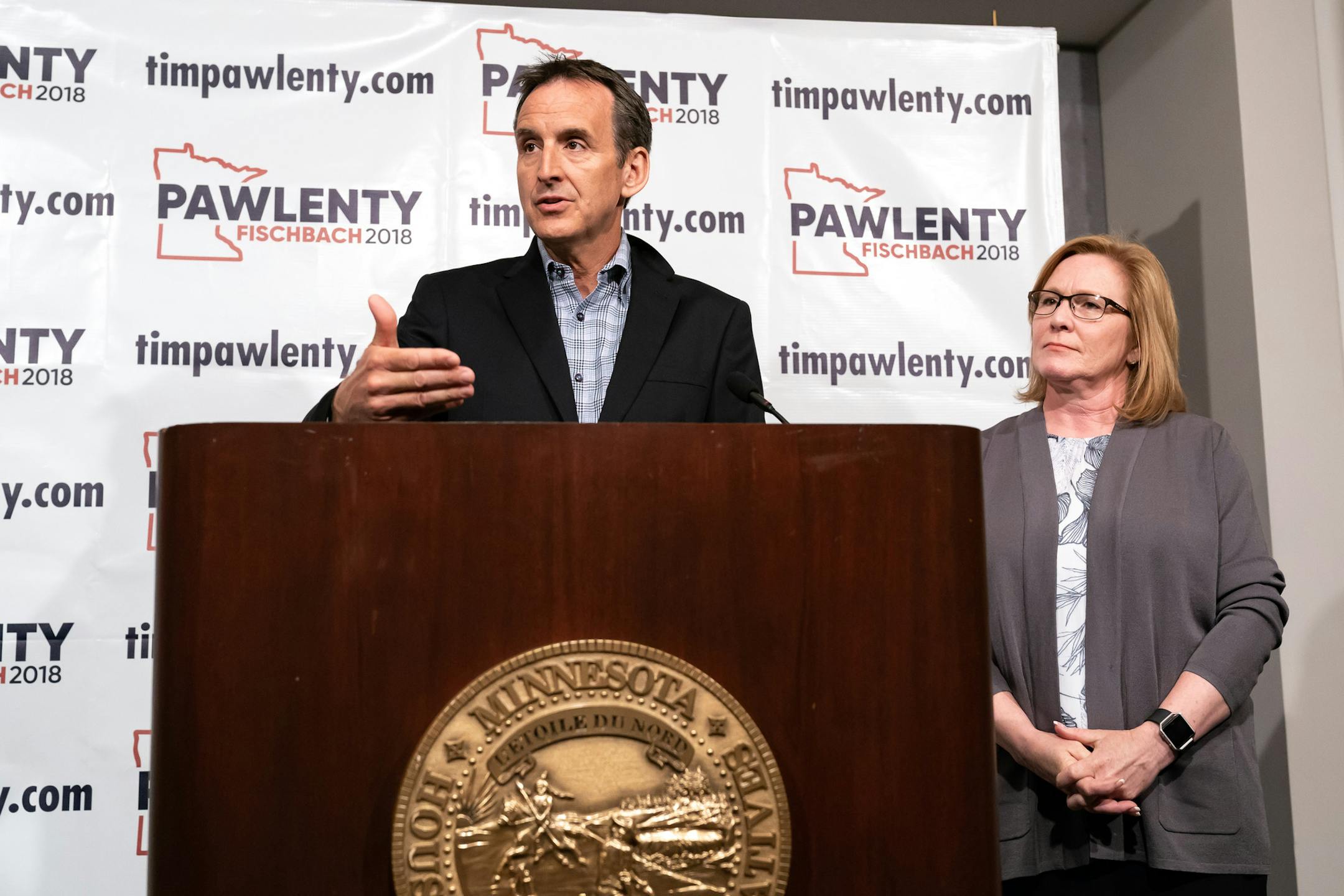 Former Gov. Tim Pawlenty announced Lt. Governor Michelle Fischbach as running mate as he runs for a third term. ] GLEN STUBBE ï glen.stubbe@startribune.com Thursday, May 31, 2018