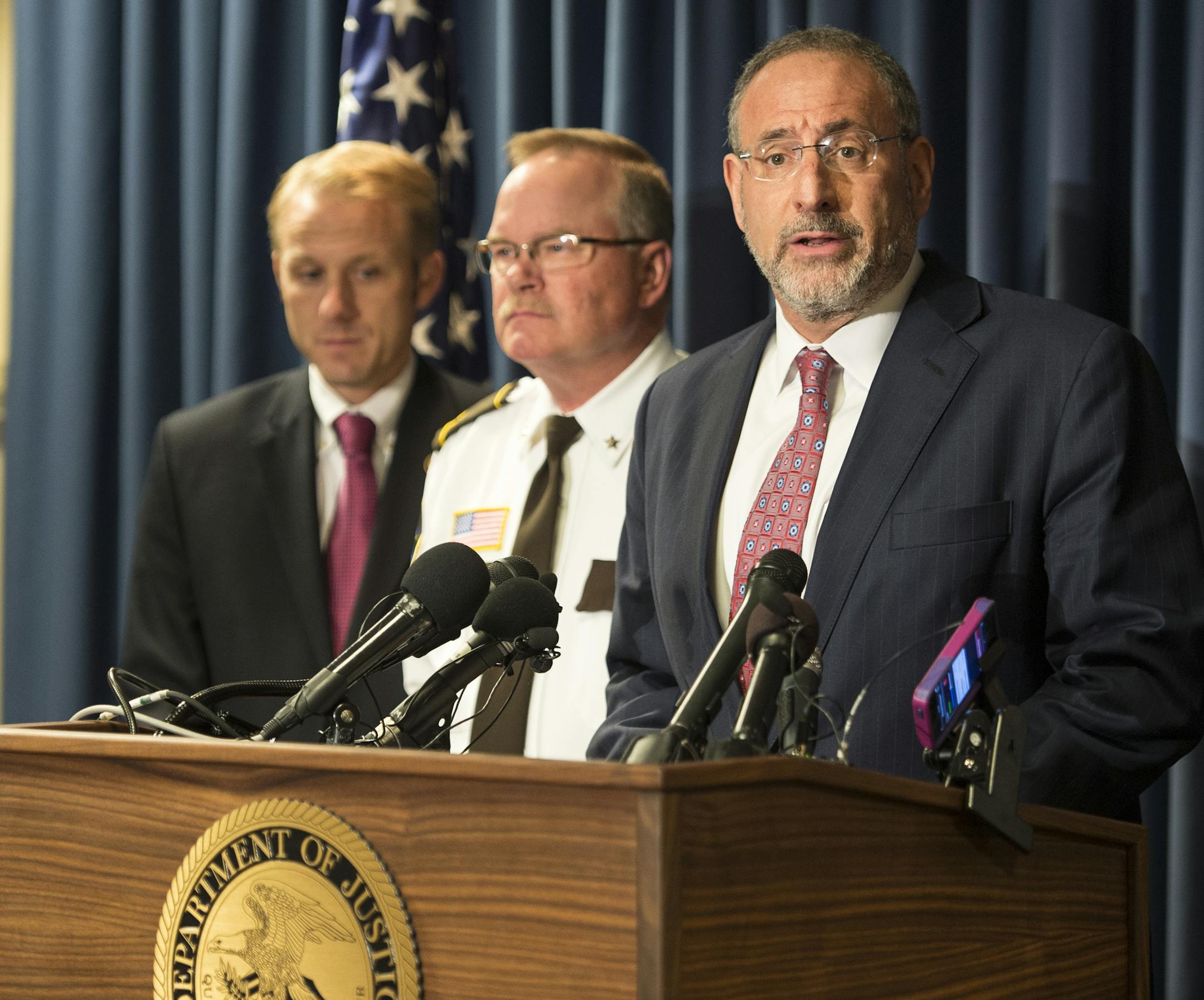 From right, United States Attorney Andrew Luger was flanked by Stearns County Sheriff John Sanner and Minnesota Bureau of Criminal Apprehension Superintendent Drew Evans as he addressed the media about a person of interest possibly involved in the 1989 disappearance of Jacob Wetterling Thursday afternoon. ] (AARON LAVINSKY/STAR TRIBUNE) aaron.lavinsky@startribune.com A press conference concerning the 1989 disappearance of Jacob Wetterling was held at the Federal Courthouse in Minneapolis, Minn.