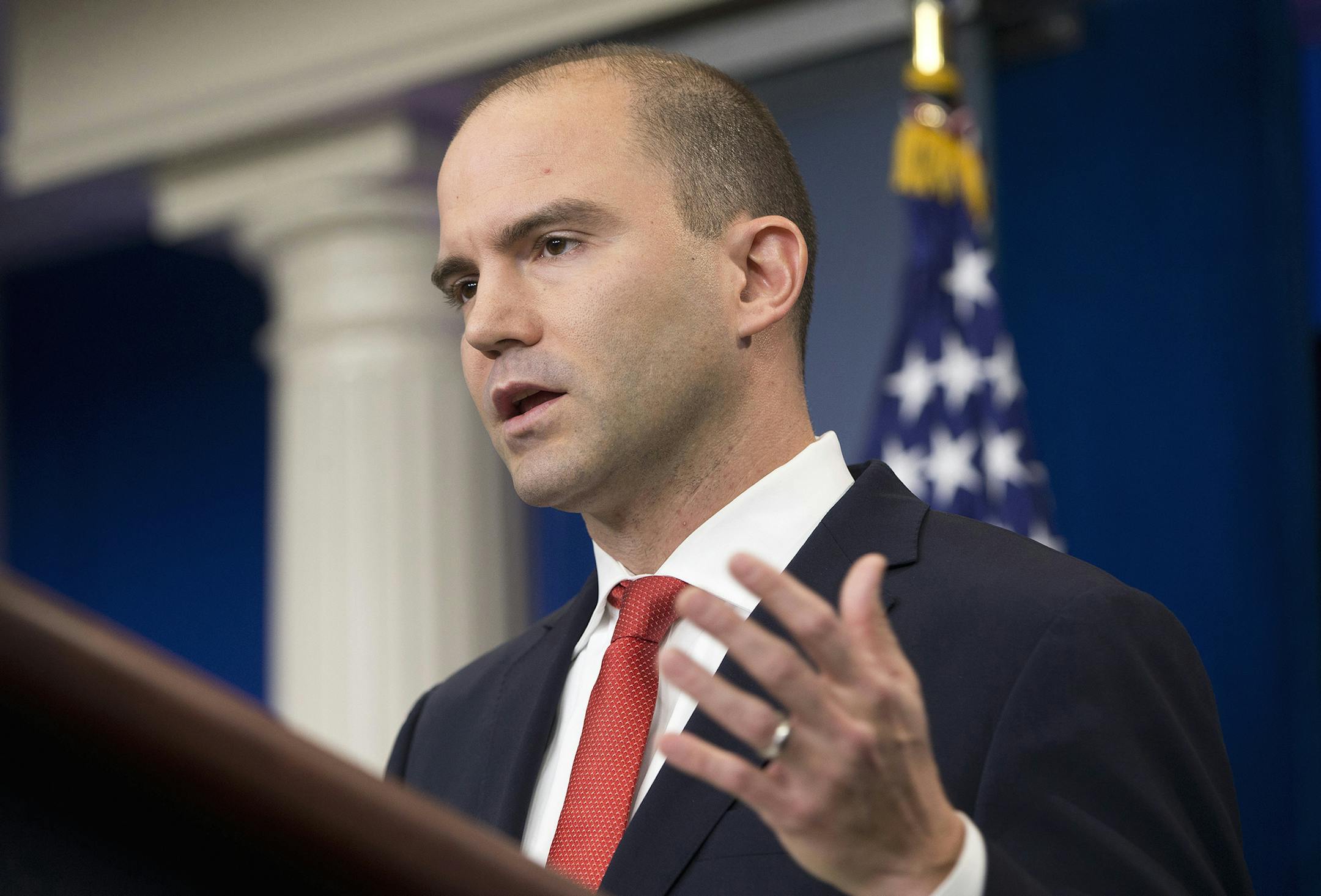 FILE - In this Feb. 16, 2016 file photo Deputy National Security Adviser For Strategic Communications Ben Rhodes speaks in the Brady Press Briefing Room of the White House in Washington. The White House is working to contain the damage caused by a magazine profile of one of President Barack Obama's top aides. In a blog post published late Sunday, May 8, 2016, Rhodes said the public relations campaign he created to sell the Iran nuclear deal was intended only "to push out facts." Rhodes says outs