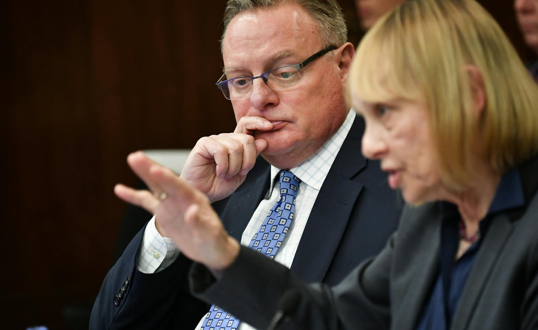 Ted Mondale and Michele Kelm-Helgen responded after Minnesota Legislative Auditor James Nobles delivered his report to the committee.
