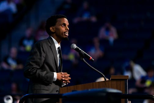 Mayoral candidate Omar Fateh speaks during the Minneapolis DFL convention at Target Center on July 19.