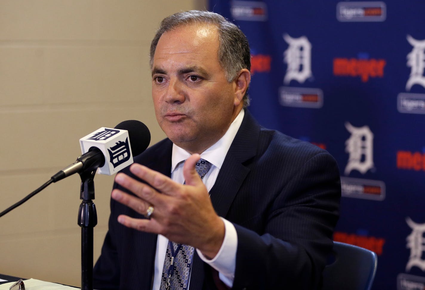 Detroit Tigers Executive Vice President and General Manager Al Avila addresses the media before a baseball game between the Detroit Tigers and the Kansas City Royals, Tuesday, Aug. 4, 2015, in Detroit. Avila replaces Dave Dombrowski who was released from his contract as Tigers general manager. (AP Photo/Carlos Osorio)