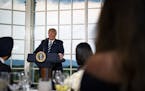 President Donald Trump addresses a dinner with business leaders at his golf club in Bedminster, N.J., Aug. 7, 2018. President Trump&#x2019;s lawyers r