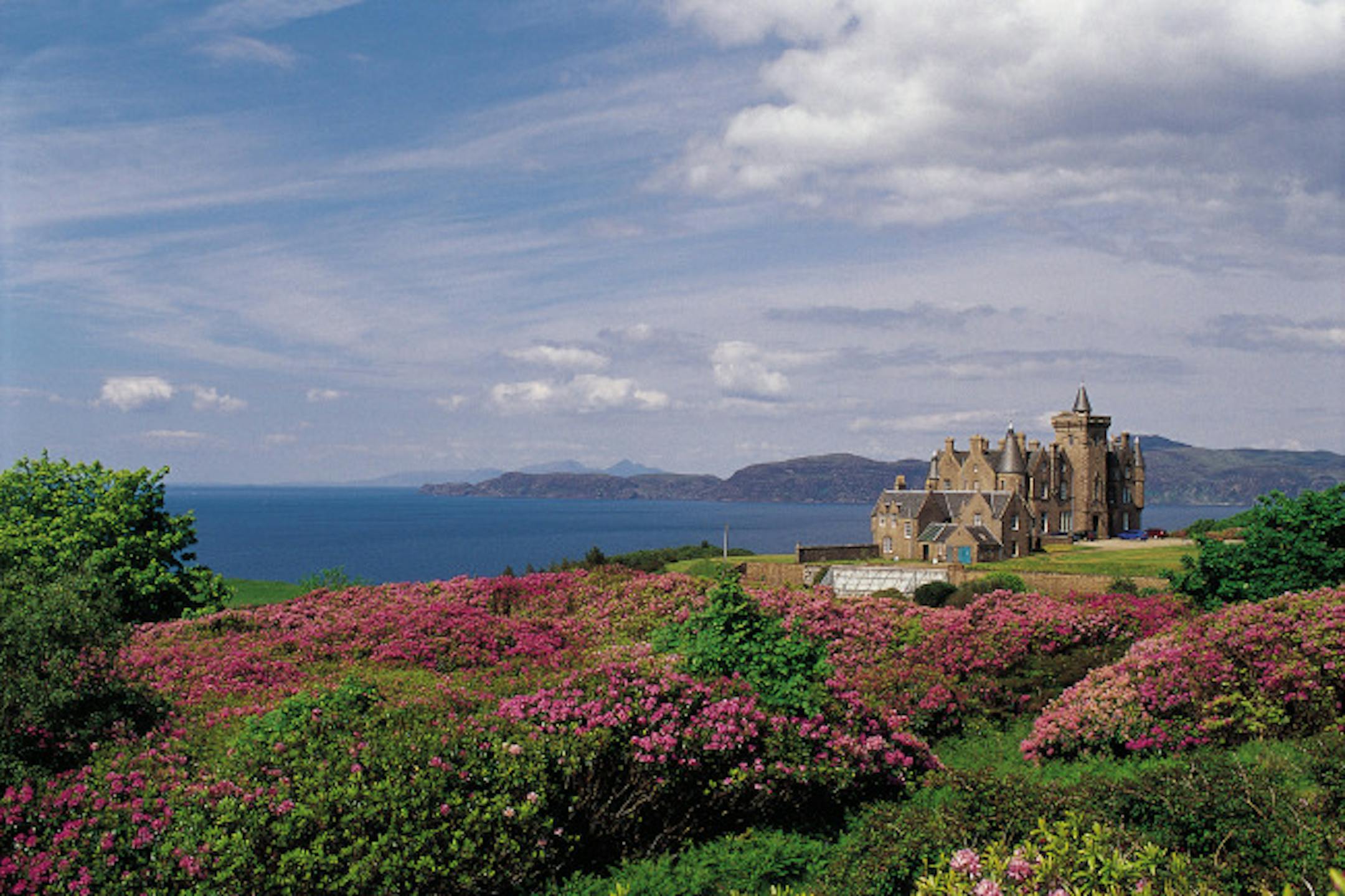 The grounds of Glengorm Castle, which overlook the Outer Hebrides in the North Atlantic, are so vast that visitors can take self-guided walking tours of up to 3 hours.