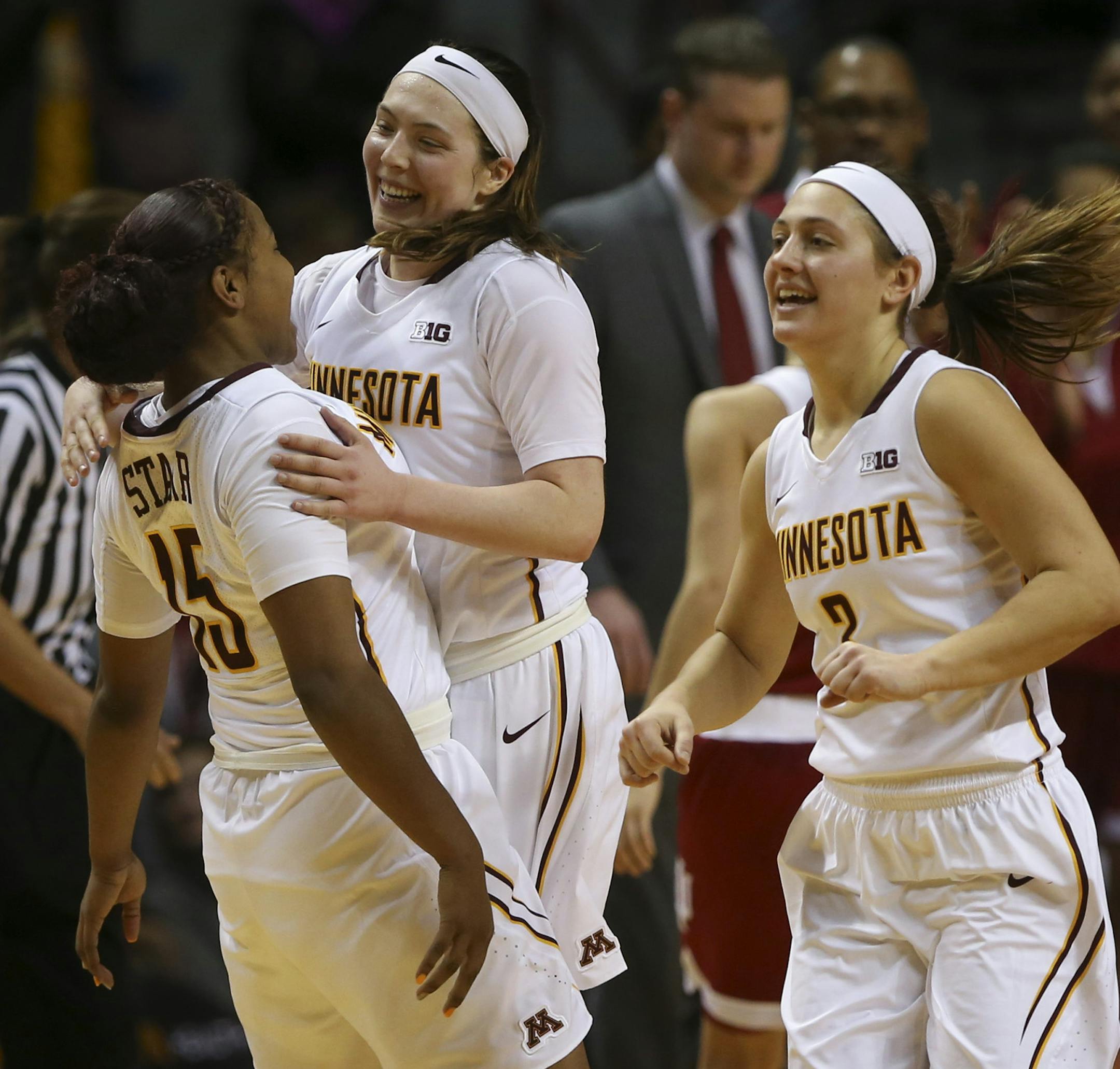 Gophers guard Allina Starr (15) congratulated Gophers guard Mikayla Bailey (24) on her game-winning shot with about 18 seconds left on the clock Sunday afternoon. ] JEFF WHEELER ï jeff.wheeler@startribune.com The University of Minnesota women's basketball beat Indiana University 78-76 in a Big 10 game Sunday afternoon, January 17, 2016 at Williams Arena in Minneapolis.