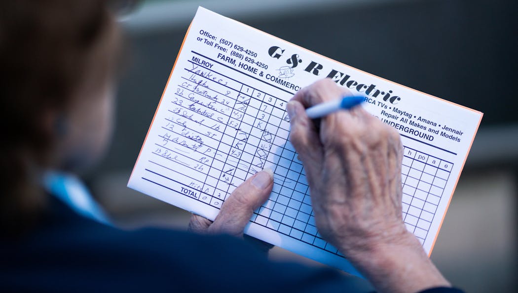 87-year-old Doris Zwach kept score at the Yankees’ game against Spicer. She’s been keeping score since her husband, Bob Zwach Sr., managed the team.