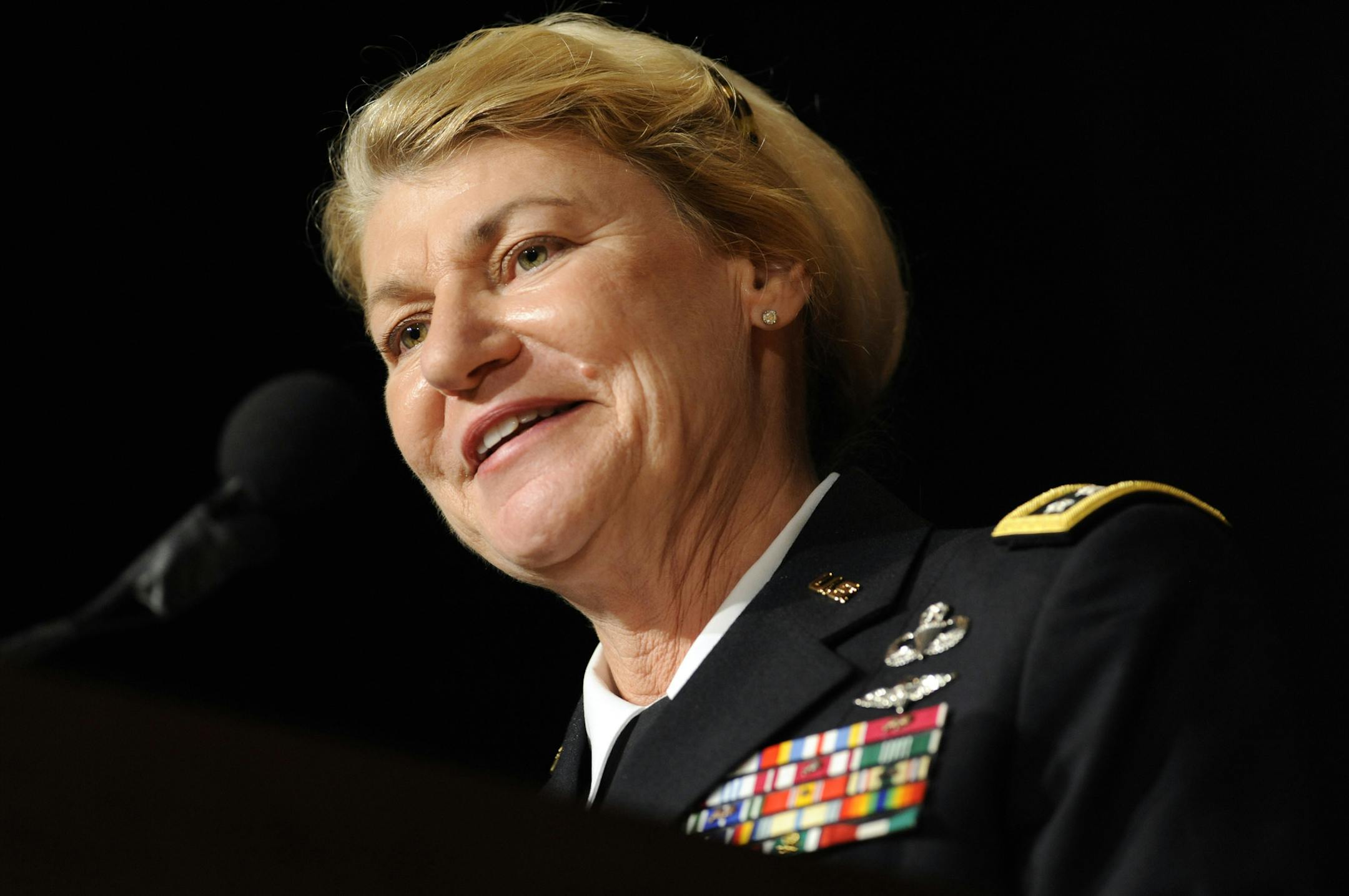 Gen. Ann E. Dunwoody speaks during her promotion ceremony to a four-star General, Friday, Nov. 14, 2008, at the Pentagon. (AP Photo/Susan Walsh) ORG XMIT: DCSW114