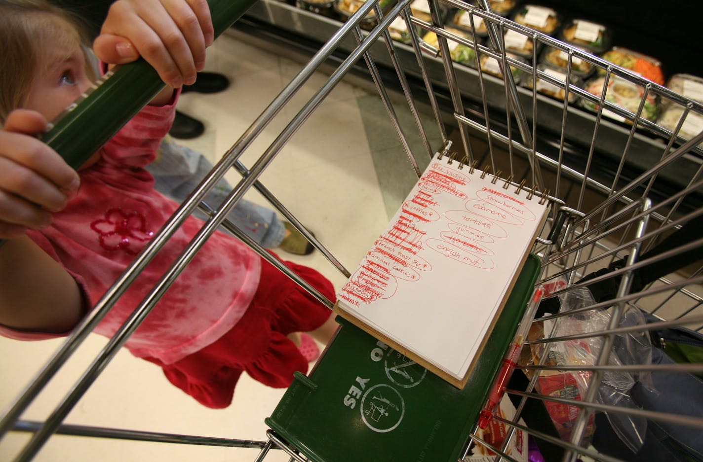 Tessa Dubbe, 3, hung on to the gorcery cart while her mother Catherine Dubbe shopped for things on their list at Linden Hills Coop.