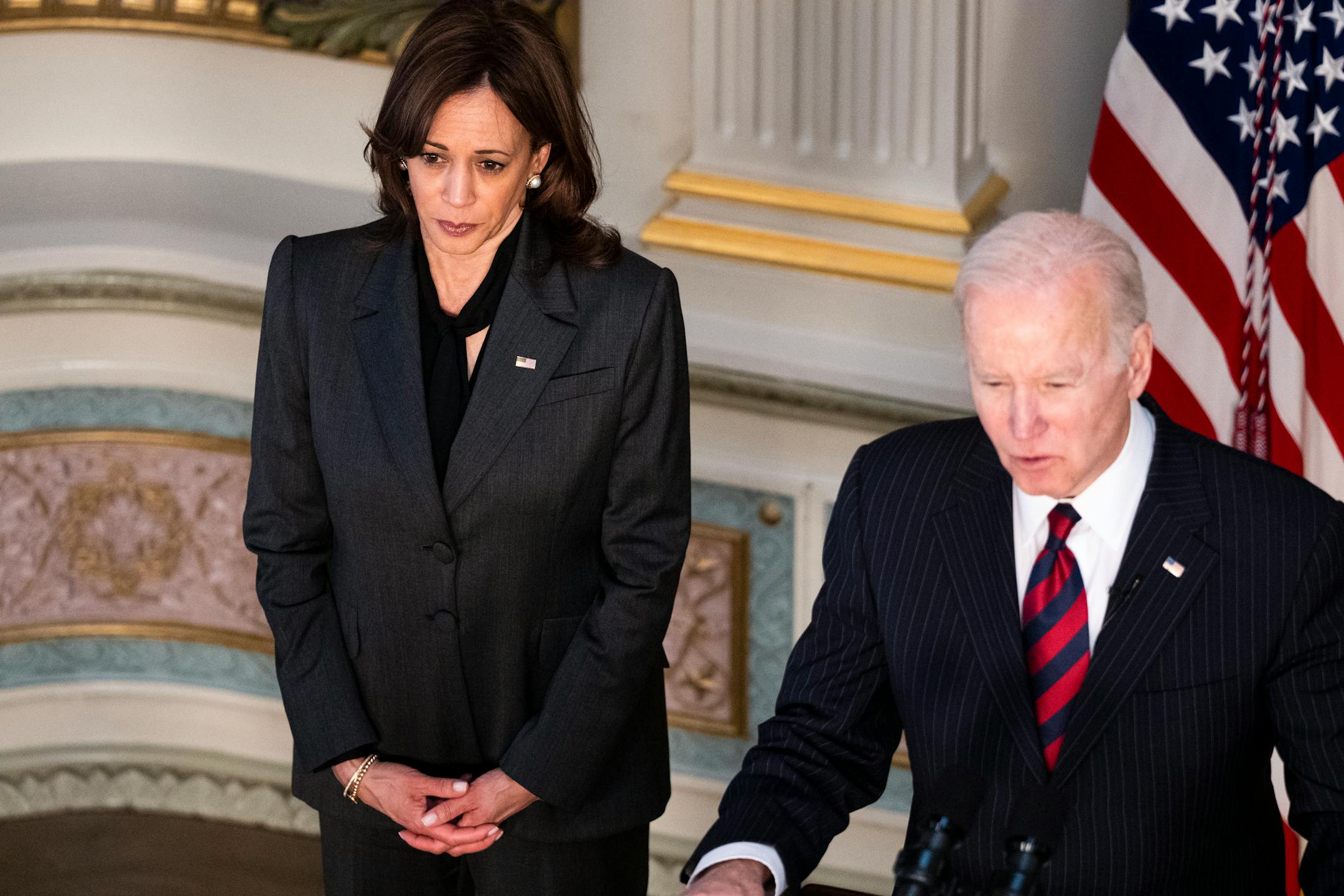 Vice President Kamala Harris with President Joe Biden during a signing ceremony in the Indian Treaty Room of the White House in Washington, March 15, 2022. (Doug Mills/The New York Times)