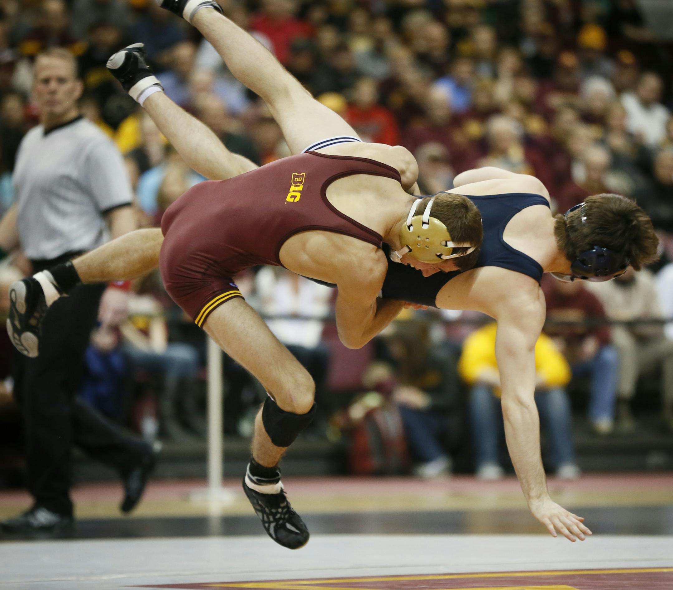 David Thorn of Minnesota won the 133 pound match over Penn State's Jimmy Gulibon 2-0 during Big Ten wrestling action between Minnesota and Penn State at the Sports Pavilion Sunday Feb9 , 2014 Minneapolis, MN. ] JERRY HOLT ‚Ä¢ jerry.holt@startribune.com