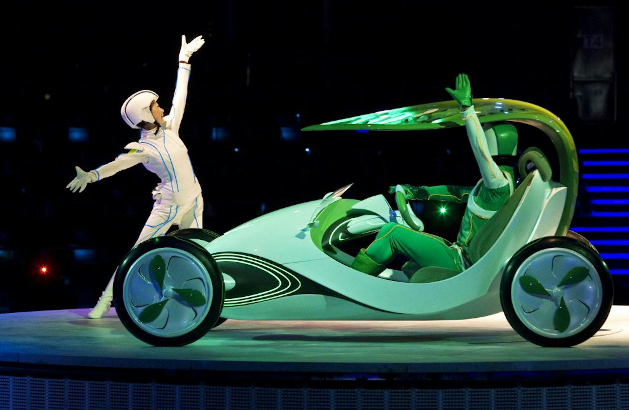 In this April 11, 2010 photo, Shanghai Automotive Group Co., Ltd. (SAIC) debuts the Ye Zi or Leaf concept car at the World Expo in Shanghai. One of the most extreme visions of China's green future is the Ye Zi, or Leaf, an experimental car developed by SAIC, the local partner of GM and Volkswagen AG. It looks like a praying mantis on wheels, with a jutting leaf-shaped roof that supports solar panels and tiny wind turbines on its wheels to top up its batteries. The first Chinese-made car to hit t