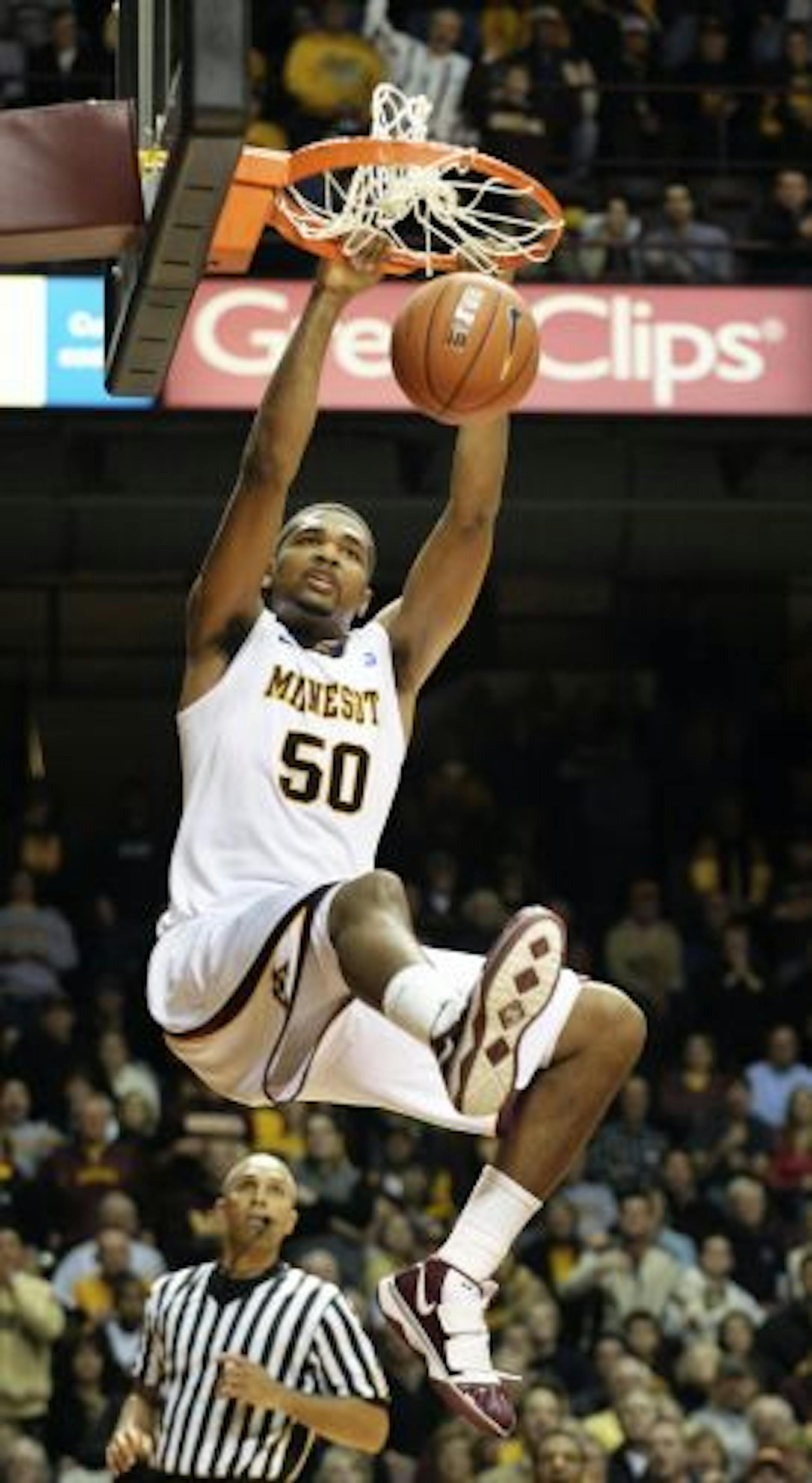 Gophers center Ralph Sampson III reached double figures in four games in a row, then scored a total of 13 points in his next three.