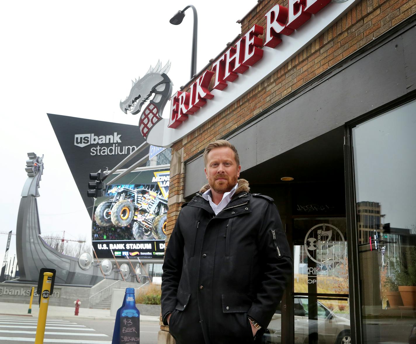 Erik Forsberg owns the bar Erik The Red, which sits directly across from U.S. Bank Stadium. He has negotiated for months to be able to keep his bar open to the public for as long as possible during Super Bowl week as security measures tighten.