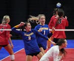 Minneota's Elvira Faris celebrates a point against Mayer Lutheran on Saturday. The Vikings won the Class 1A title.