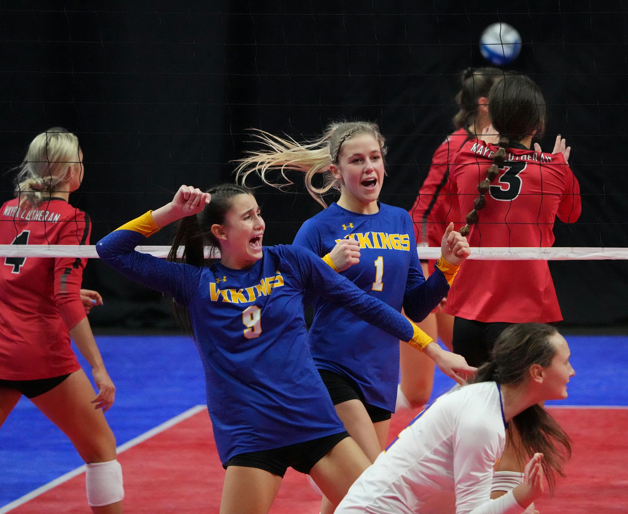 Minneota's Elvira Faris celebrates a point against Mayer Lutheran on Saturday. The Vikings won the Class 1A title.