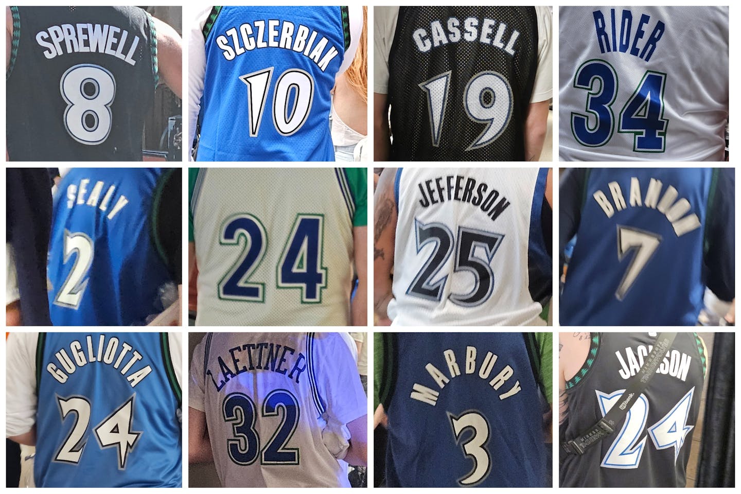 From left, Latrell Sprewell, Wally Szczerbiak, Sam Cassell, Isaiah Rider, Malik Sealy, Pooh Richardson (we think), Al Jefferson, Terrell Brandon, Tom Gugliotta, Christian Laettner, Stephon Marbury and Bobby Jackson.