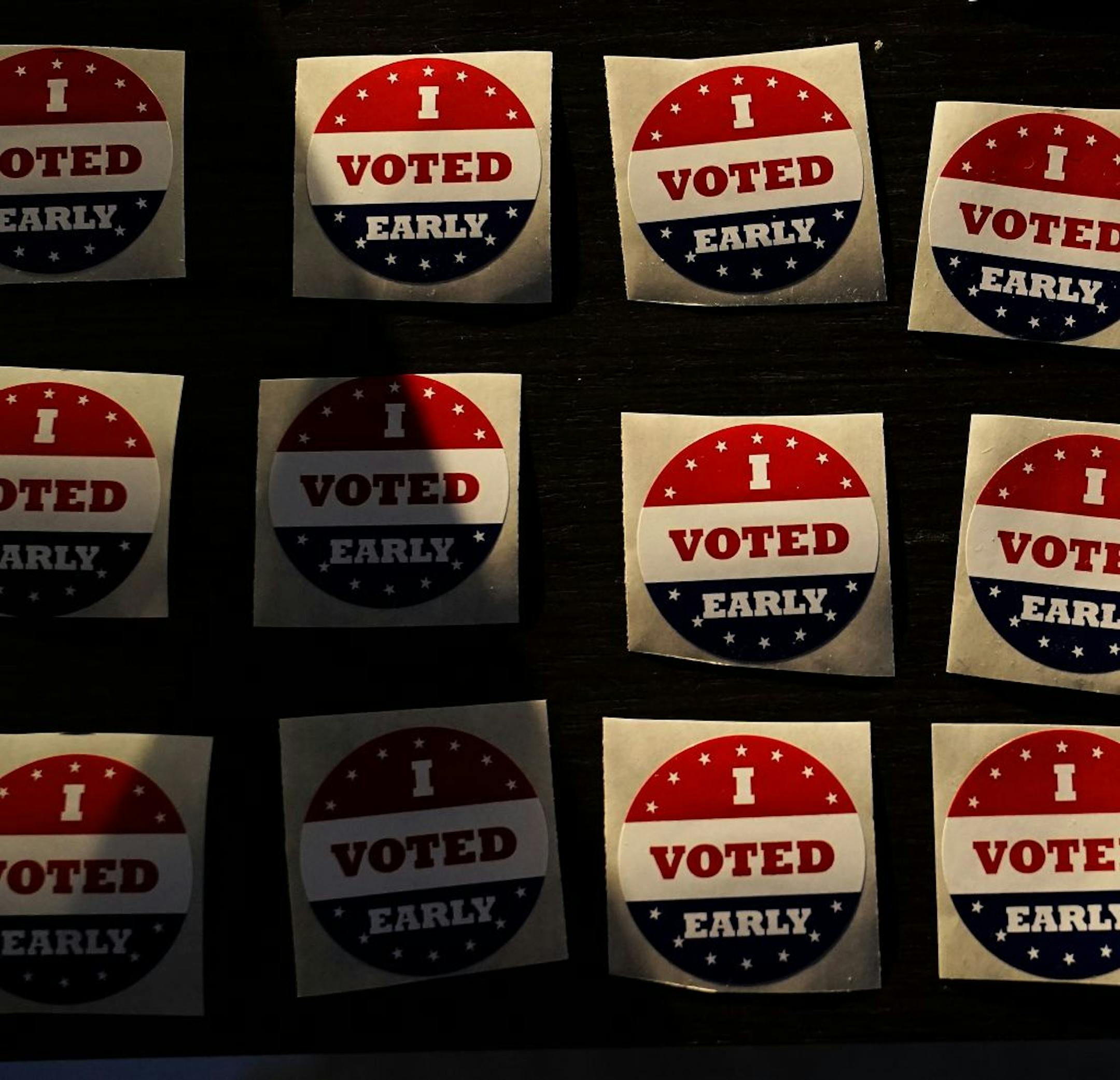 I voted stickers await voters who cast their ballots during early voting at Minneapolis Elections and Voter Services Friday in Minneapolis.