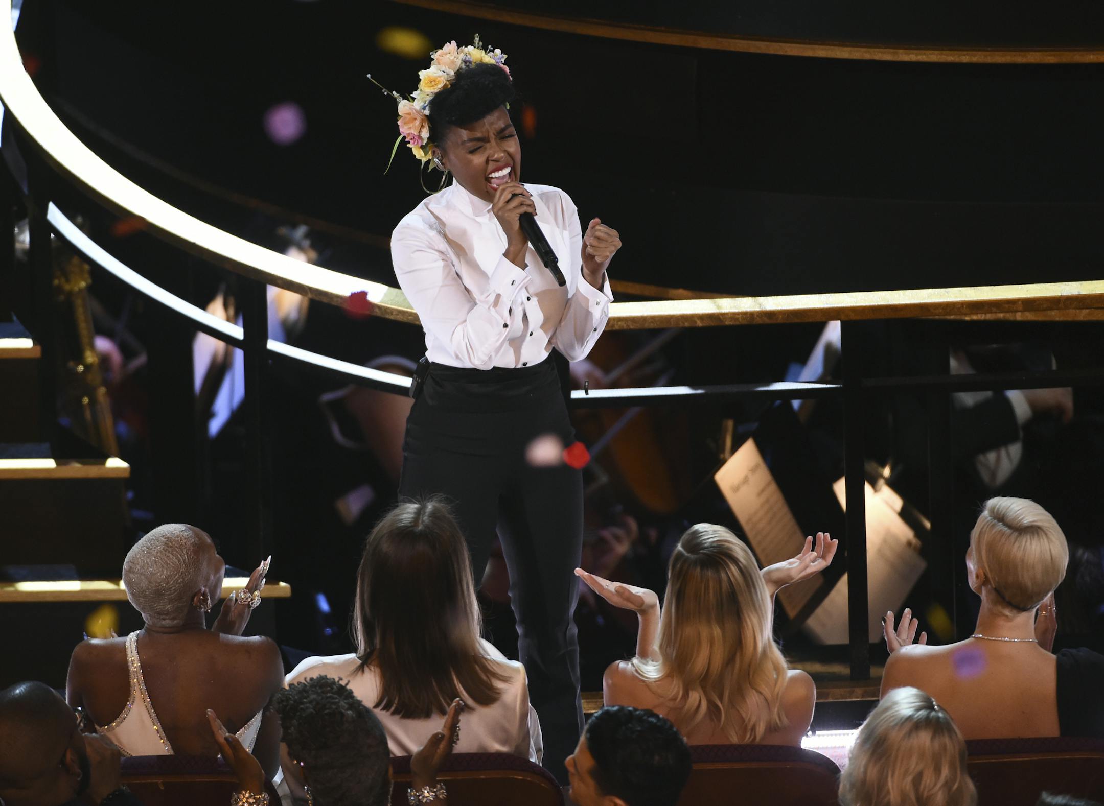 Janelle Monae performs onstage at the Oscars on Sunday, Feb. 9, 2020, at the Dolby Theatre in Los Angeles. (AP Photo/Chris Pizzello)