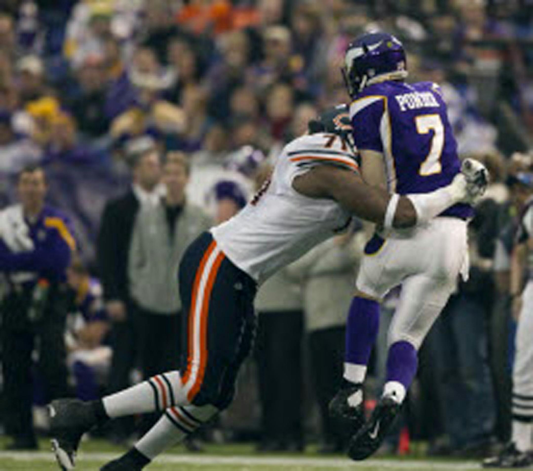 Vikings quarterback Christian Ponder was hit by Bears defensive lineman Israel Edonije in the second quarter during a Jan. 1, 2012, game. Ponder injured his hip on the play.