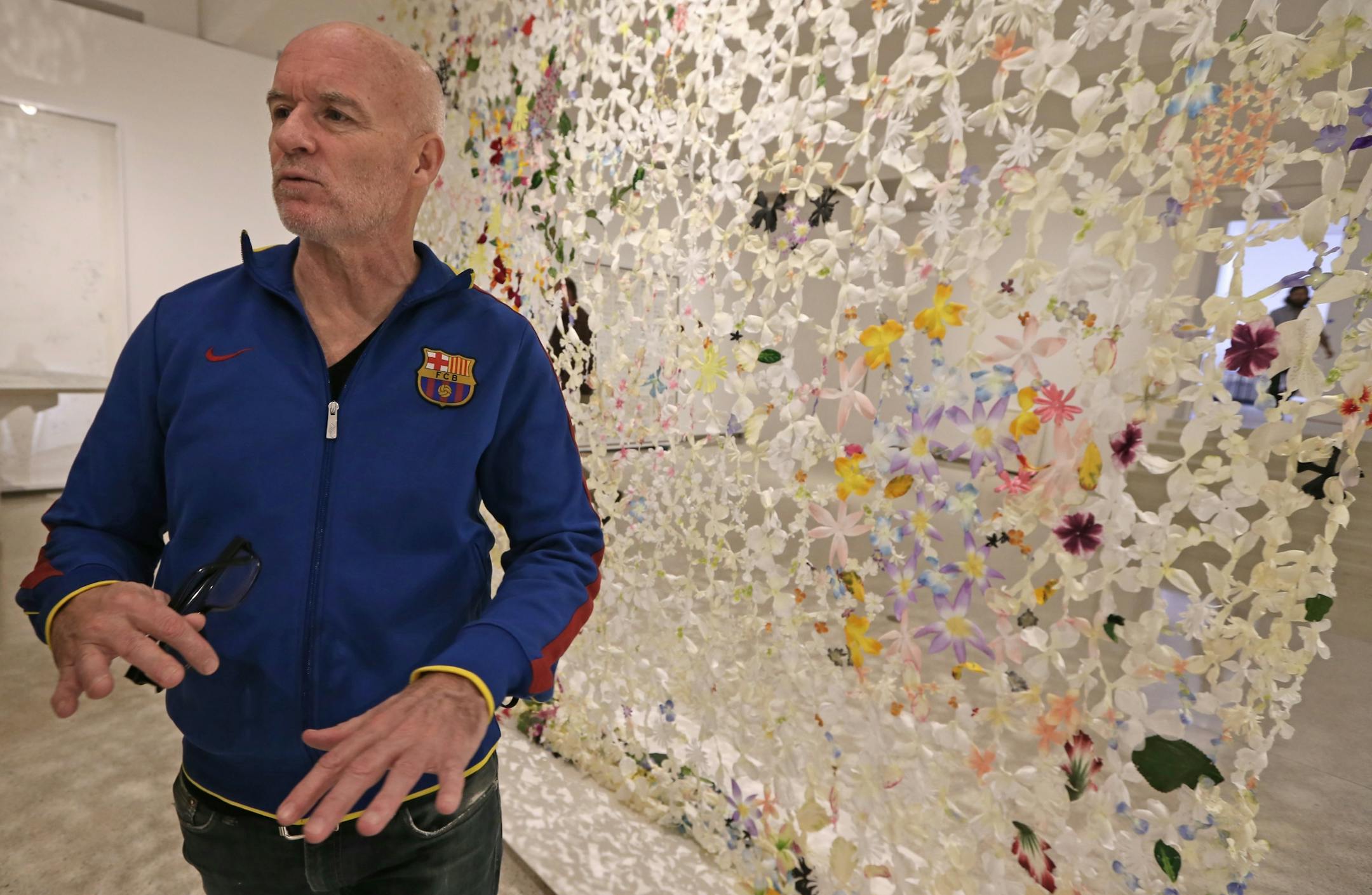 (left to right) Artist Jim Hodges talked about his Walker Art Center show, as he was photographed on 2/7/14. "Jim Hodges: Give More than Your Take," opens Sat. at Walker Art Center, curated by WAC director Olga Viso, who talks about the artist, his place in contemporary scene, etc. Story will be strong on Viso quotes, maybe some from Hodges too since art won't be available before our deadlines.