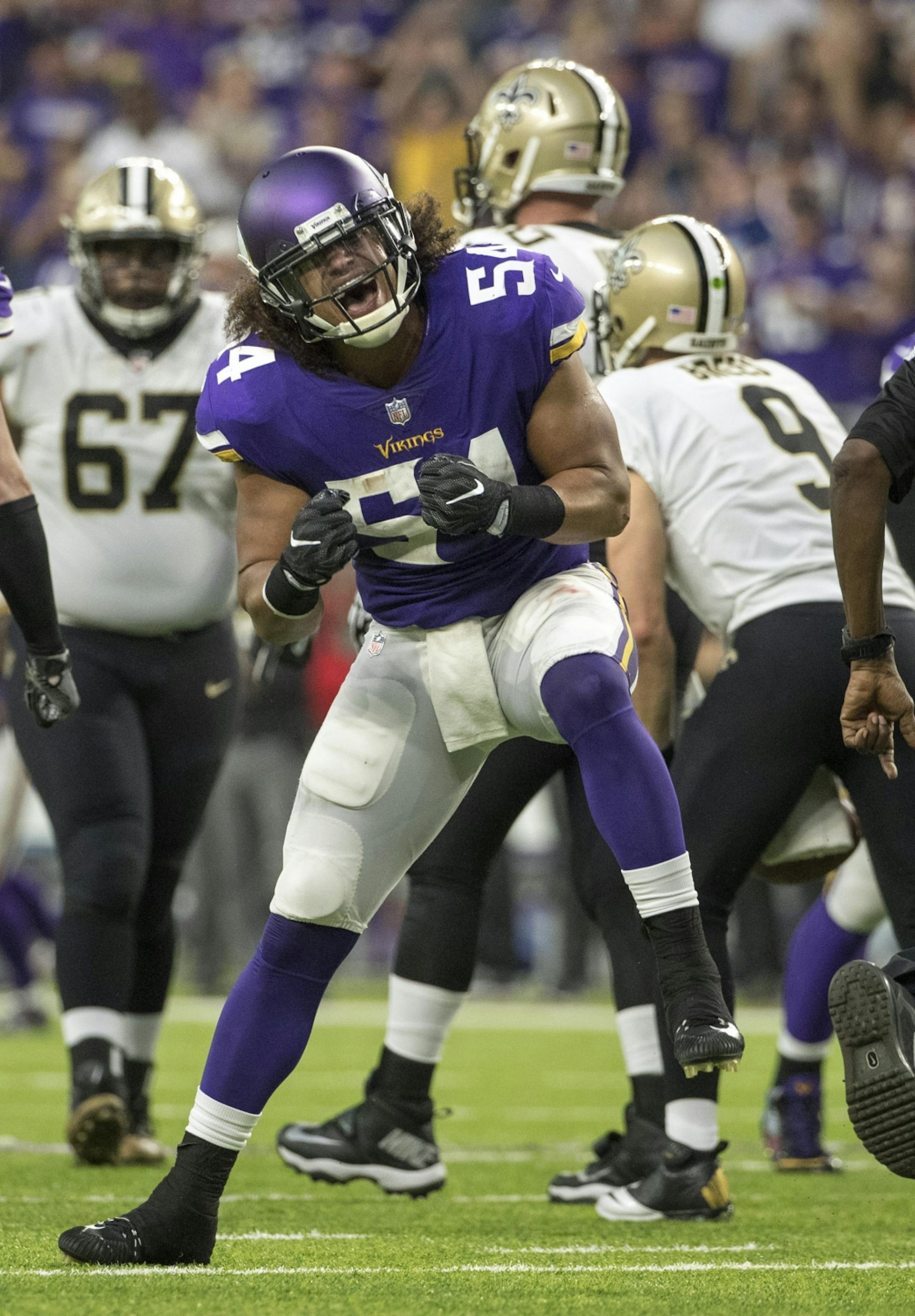 Vikings Eric Kendricks ceebrates a 2nd quarter sack of Saints quarterback Drew Brees.