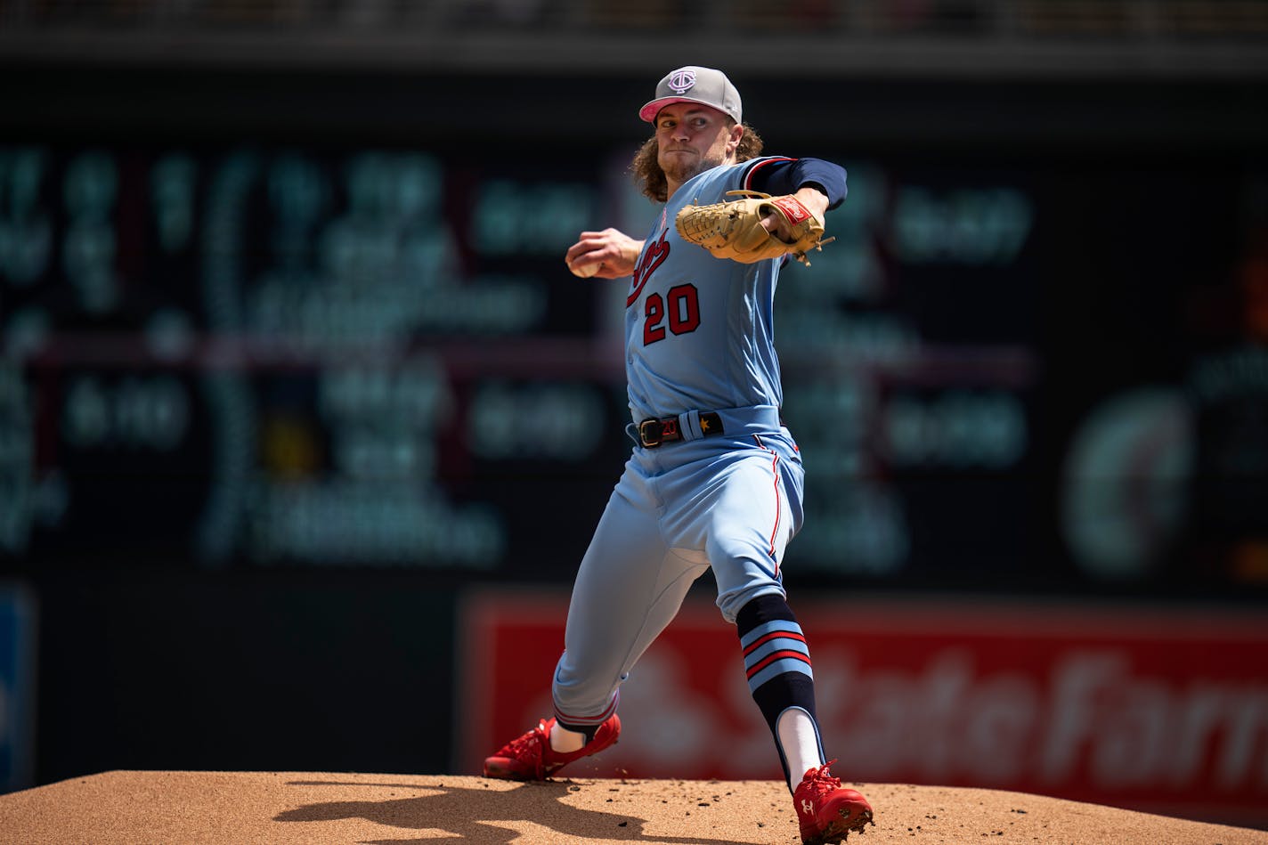 Minnesota Twins starting pitcher Chris Paddack (20) throws a first inning pitchin Minneapolis, Minn., on Sunday, May 8, 2022.