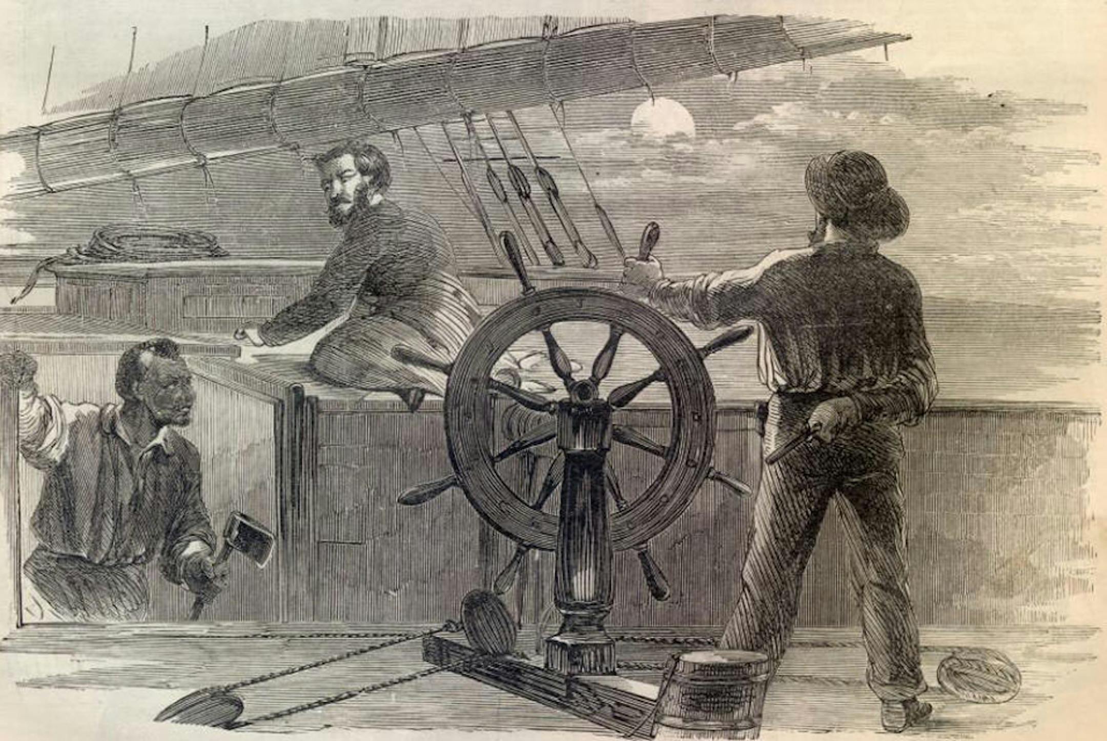 The recapture of the schooner S.J. Waring by William Tillman. Line engraving originally published in Harper's Weekly, 1861.