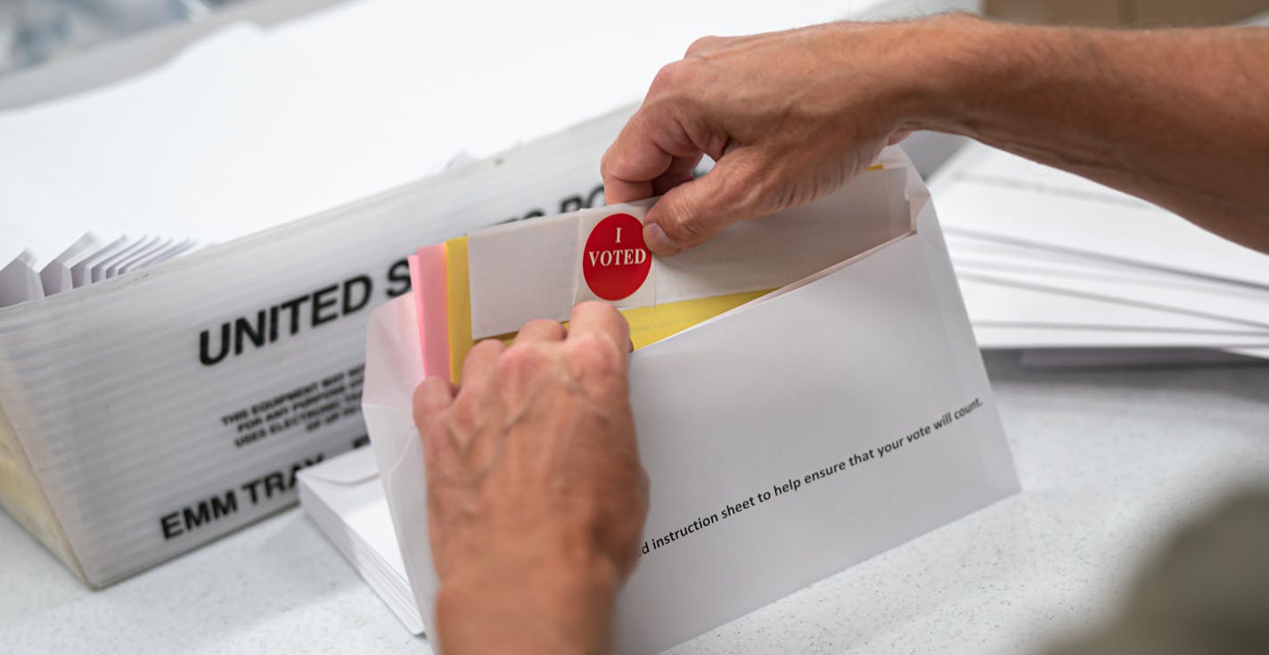 Todd Gallagher prepared mail in ballot envelopes including an I Voted sticker. Actual ballots are added in the next step where they are checked against names of voters. Minneapolis Elections & Voter Services has sent out over 85,000 ballots at a rate of 2500 per day. In 2016 they mailed a total of 3000. ] GLEN STUBBE • glen.stubbe@startribune.com Wednesday, July 29, 2020 Absentee ballots are being requested at a record level this year. Nearly 470,000 Minnesotans have requested to vote absentee.