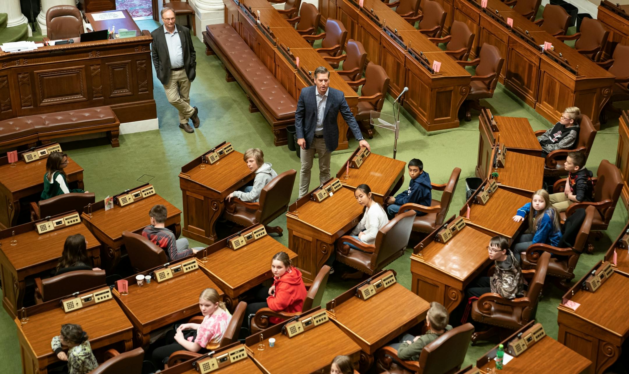 House Minority Leader Kurt Daudt talked with a group of fifth graders, visiting from Saint Francis Elementary School in his district. The Minnesota House Chamber Tuesday morning. A special session still looms to finish much of the work that was not completed before the session came to a close at midnight Monday night.