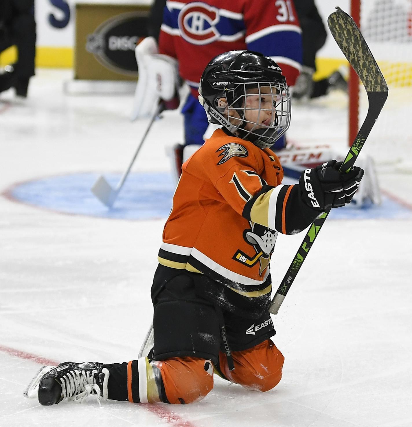 Ryker Kesler, below, son of Anaheim Ducks' Ryan Kesler, celebrates after scoring on Montreal Canadiens goalie Carey Price during the Shootout portion of the NHL All-Star Skills Competition, Saturday, Jan. 28, 2017, in Los Angeles. (AP Photo/Mark J. Terrill)