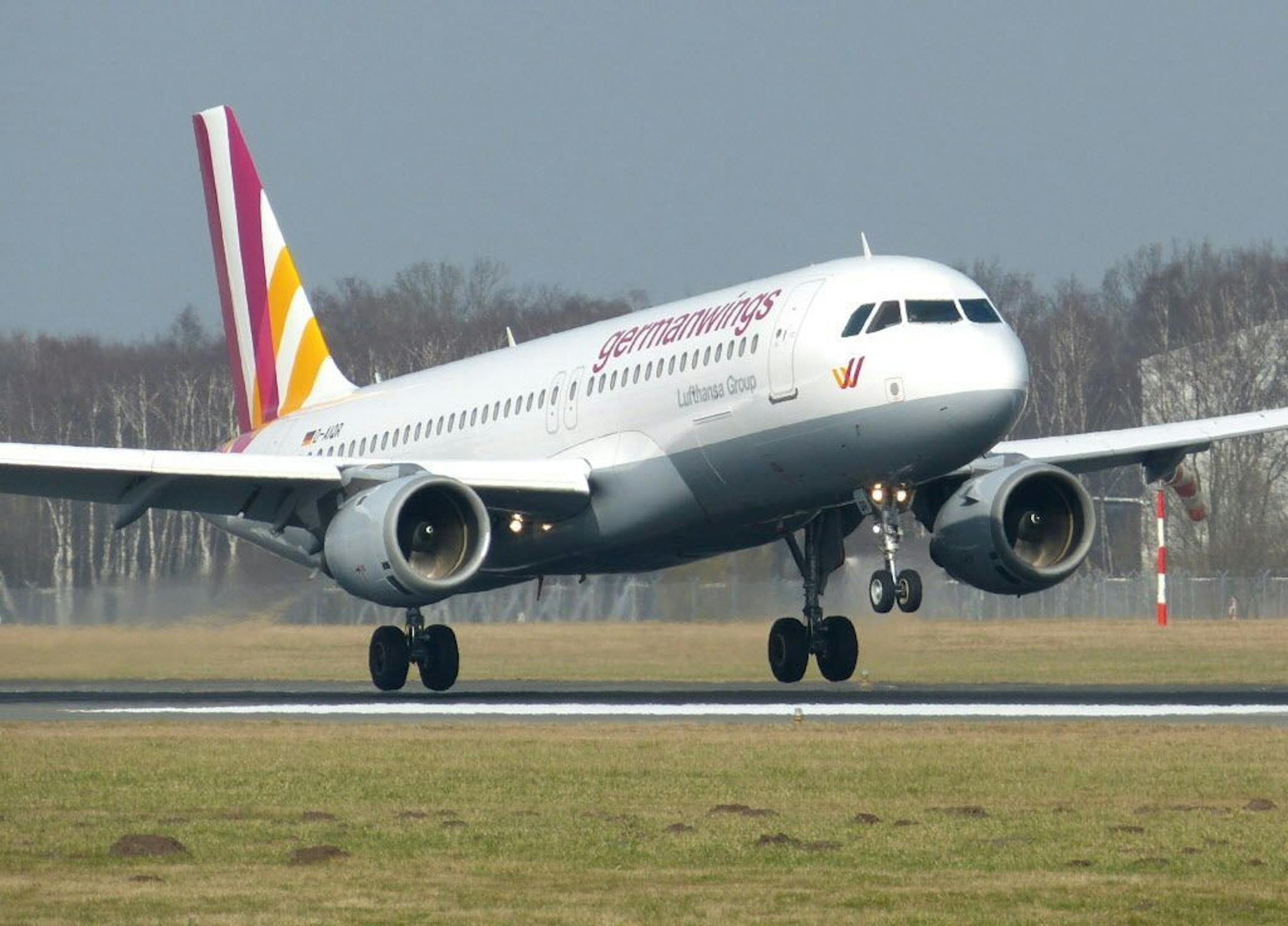 The March 7, 2014 photo shows an Airbus A320 of German airline Germanwings as it lands at the airport in Hamburg, northern Germany.