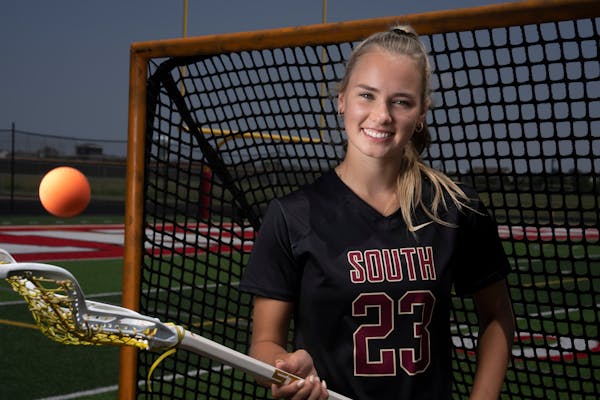 Lacrosse Metro Player of the Year Emily Moes of Lakeville South poses for a photo on the field at Lakeville North High School on Friday, June 9, 2023 