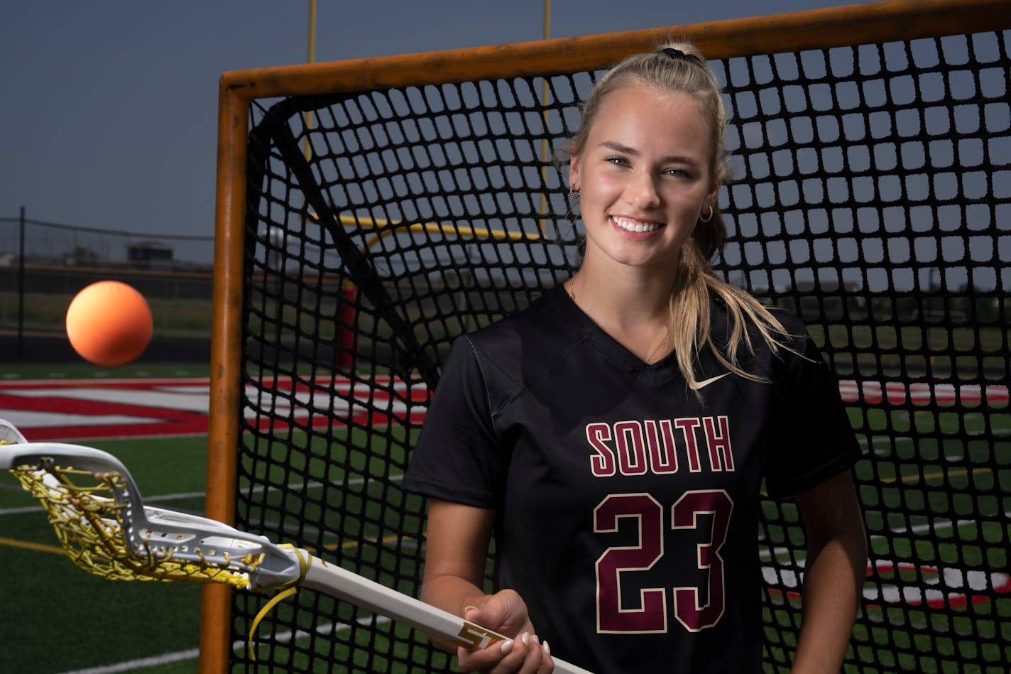 Lacrosse Metro Player of the Year Emily Moes of Lakeville South poses for a photo on the field at Lakeville North High School on Friday, June 9, 2023 in Lakeville, Minn. ] RENEE JONES SCHNEIDER • renee.jones@startribune.com