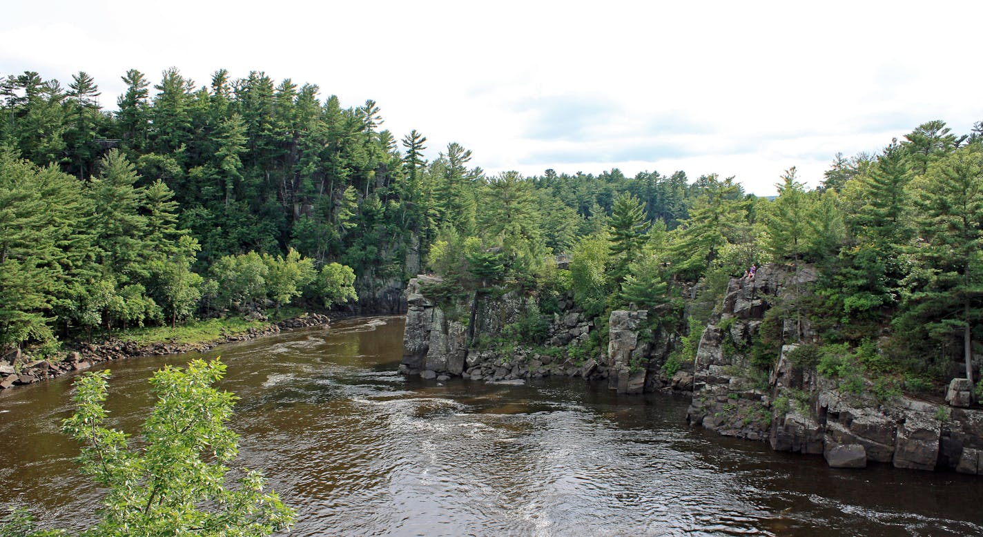 The St. Croix River cuts through a basalt gorge known as the Dalles of the St. Croix, part of the two Interstate State Parks.