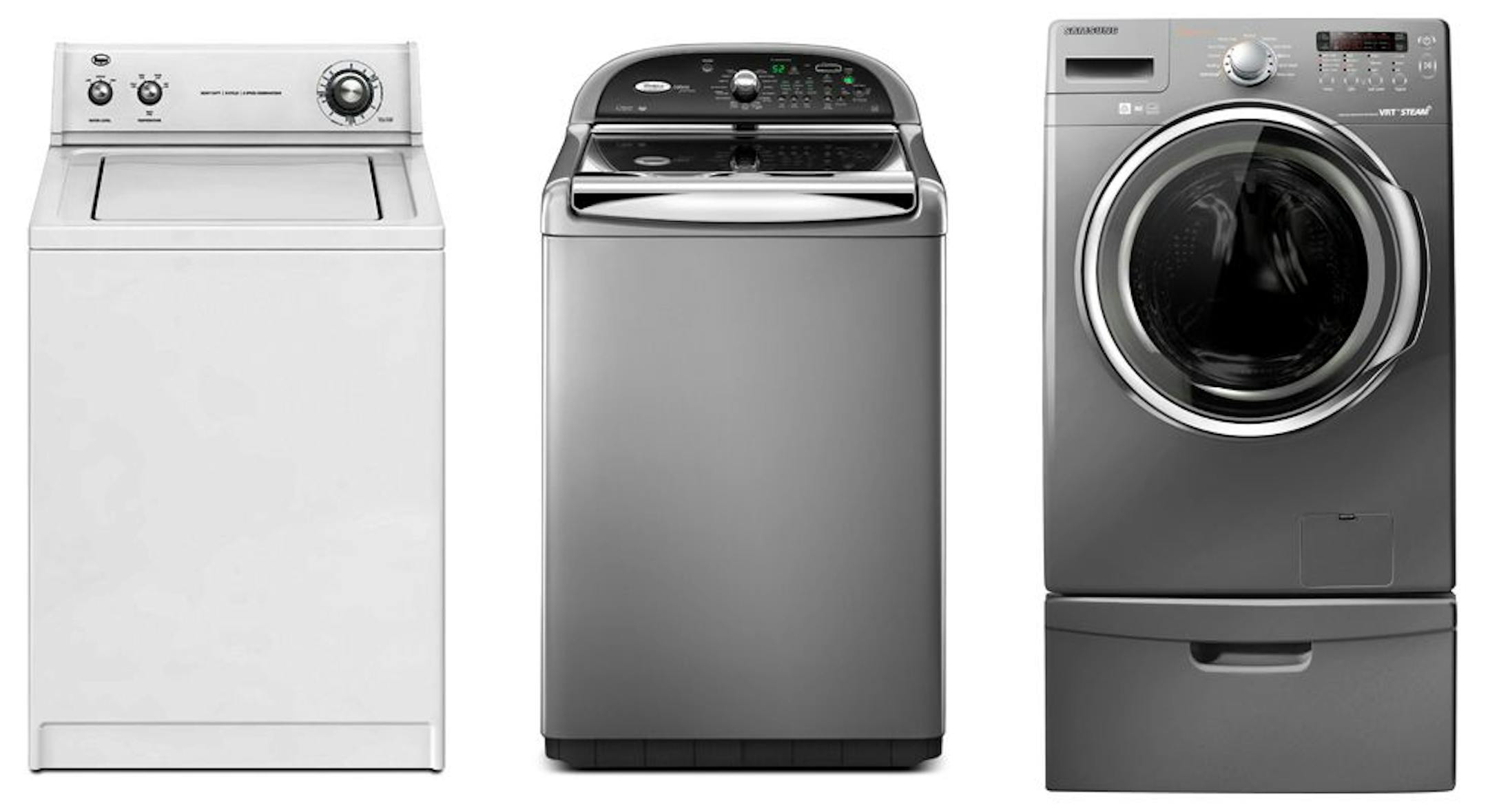 Roper Top-Load, Whirlpool Cabrio HE Top Load, Samsung Stackable HE Front Load.