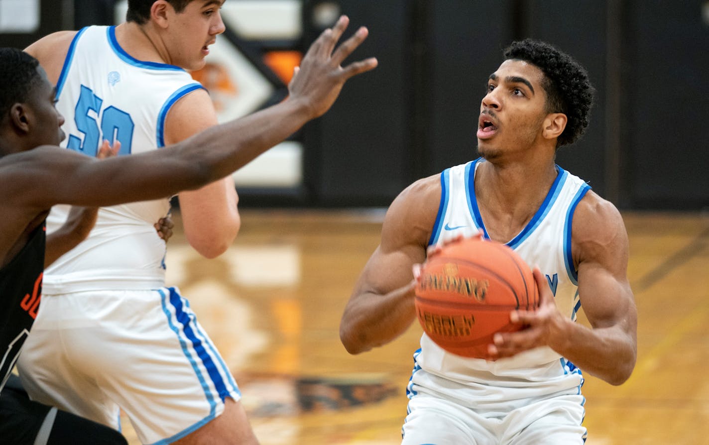 Bloomington Jefferson's Daniel Freitag (5) tries to make a pass in the second half of a varsity boys basketball game against Minneapolis South Friday, Jan. 06, 2023 at Minneapolis South High School in Minneapolis, Minn.