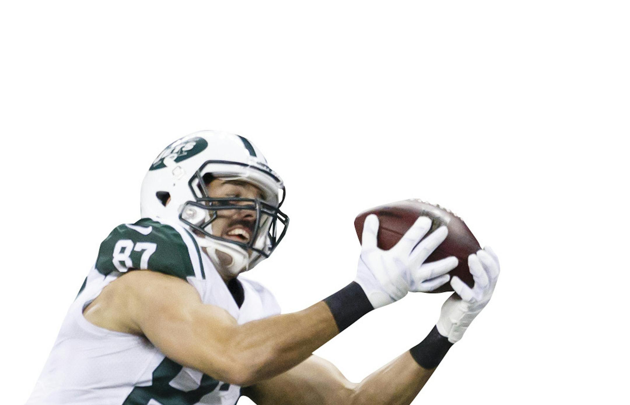New York Jets wide receiver Eric Decker (87) makes a reception defended by Buffalo Bills cornerback Stephon Gilmore (24) during an NFL football game at Ford Field in Detroit, Monday, Nov. 24, 2014. (AP Photo/Rick Osentoski)