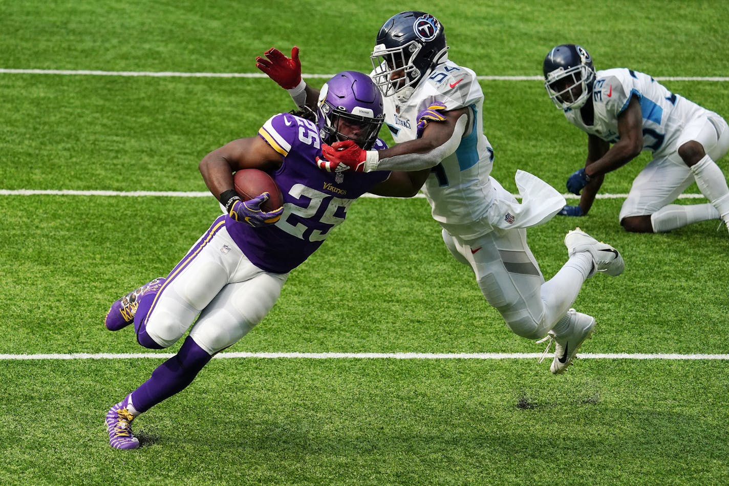 Vikings running back Alexander Mattison (shown against the Titans in September) might get to start against the Falcons on Sunday if Dalvin Cook is unable to play.