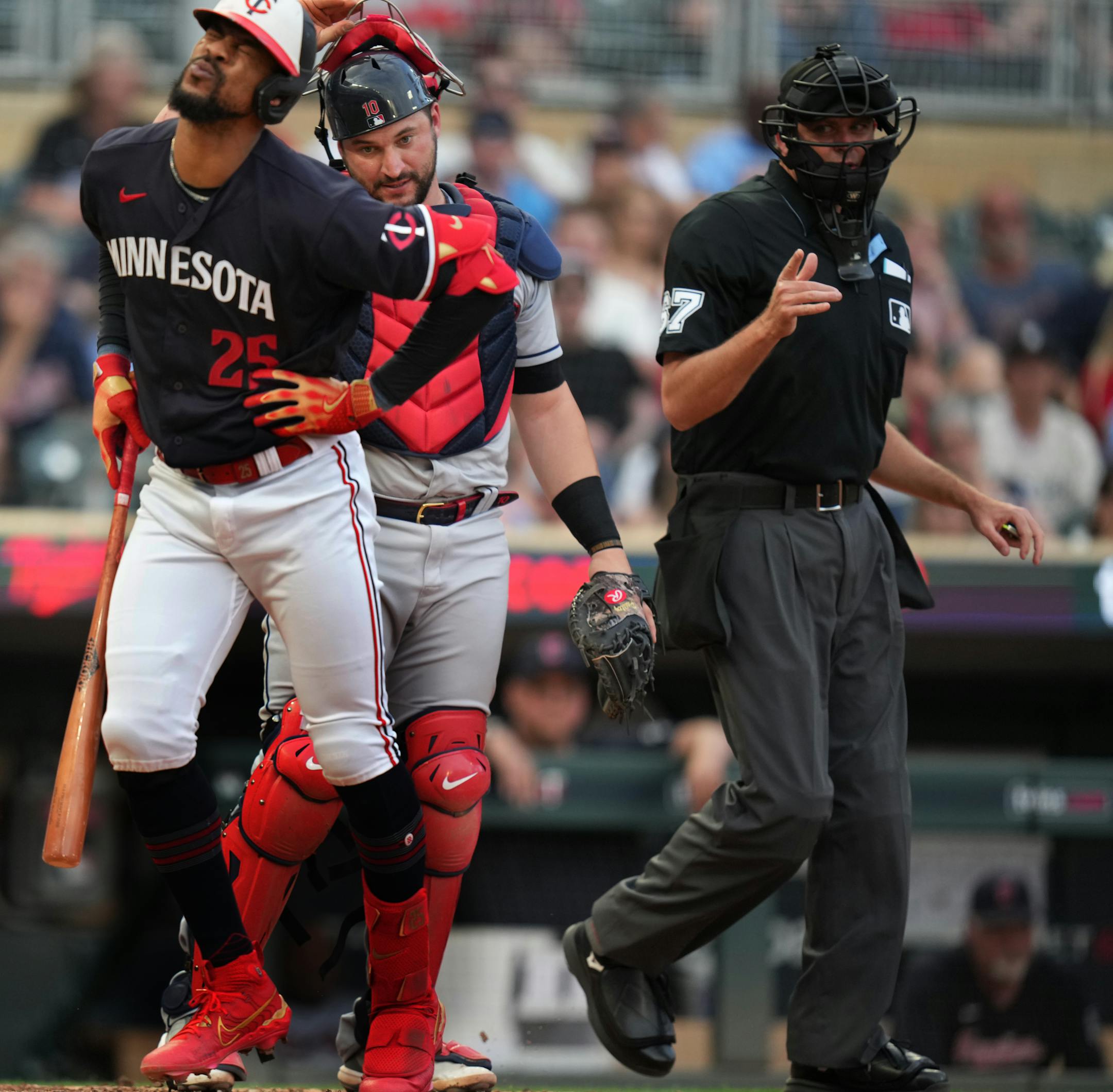Minnesota Twins designated hitter Byron Buxton (25) is hit by a pitch in the 4th inning in Minneapolis, Minn., on Thursday, June 1, 2023.