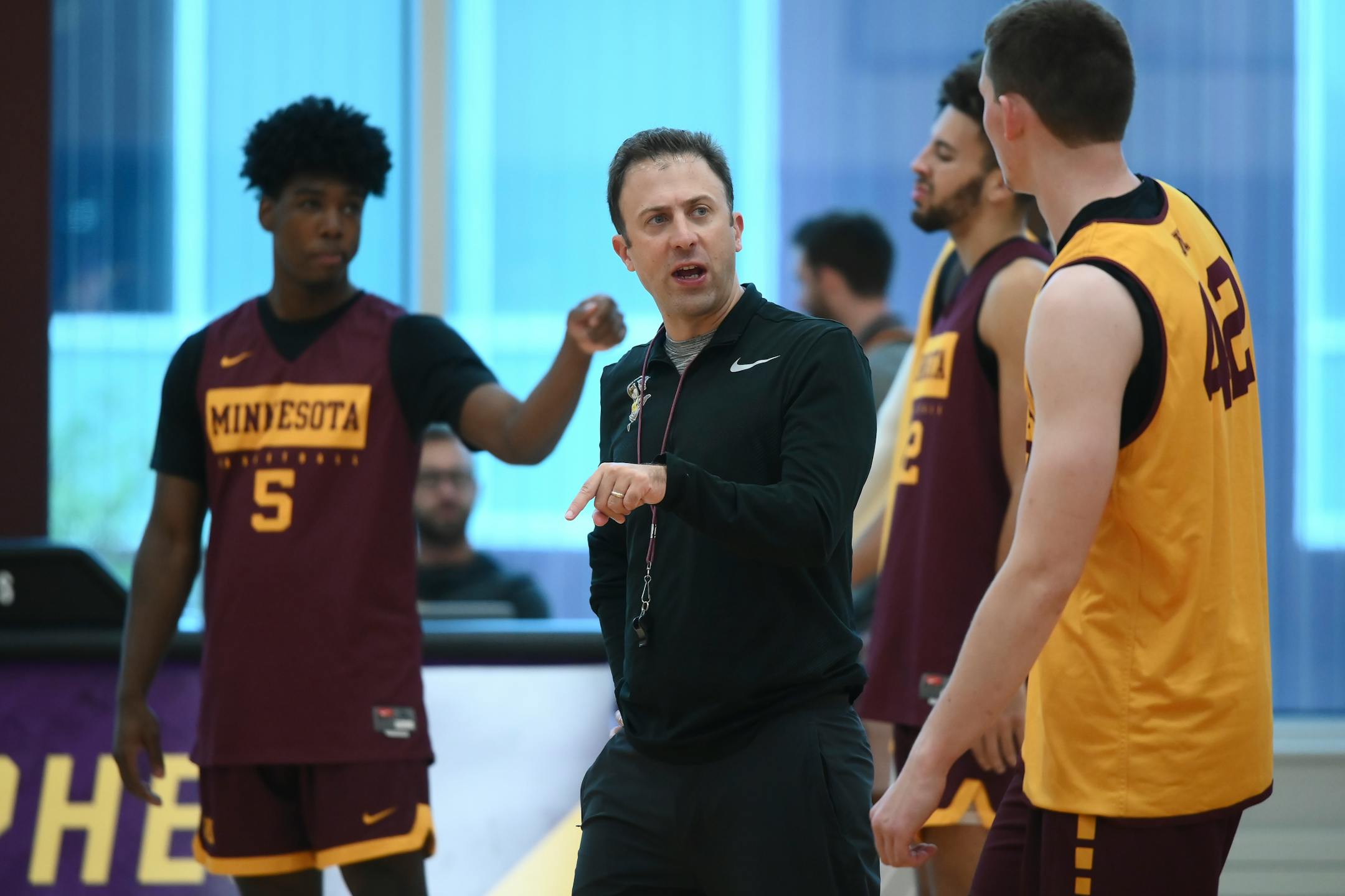 Gophers basketball coach Richard Pitino spoke to forward Michael Hurt (42) during a recent practice. Both Pitino and Hurt will appear at Big Ten media day in suburban Chicago on Wednesday. ] Aaron Lavinsky • aaron.lavinsky@startribune.com The Gophers men's basketball team held a practice, as well as a press conference by head coach Richard Pitino, on Tuesday, Sept. 24, 2019 at the University of Minnesota Athletes Village in Minneapolis, Minn.
