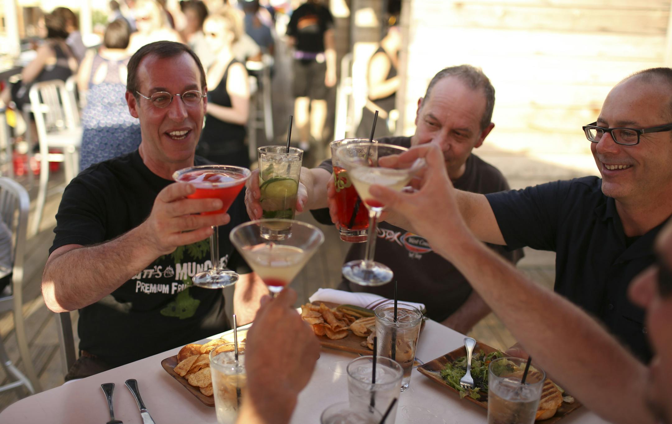 The Sky Bar at Uptown Cafeteria and Support Group was the setting for a their Pride in the Sky Kickoff Party to Pride Wednesday evening, June 26, 2013. A group of gay friends toasted each other and today's Supreme Court ruling when they gathered at the Sky Bar Wednesday night. They are, from left, Scott Coleman, his partner Josh Kaplan, Joseph Arcand, and Steve Nau. Not shown, but present, was Nau's partner, Mark Koppenberg. Coleman and Kaplan have been together for 13 years and intend to get ma