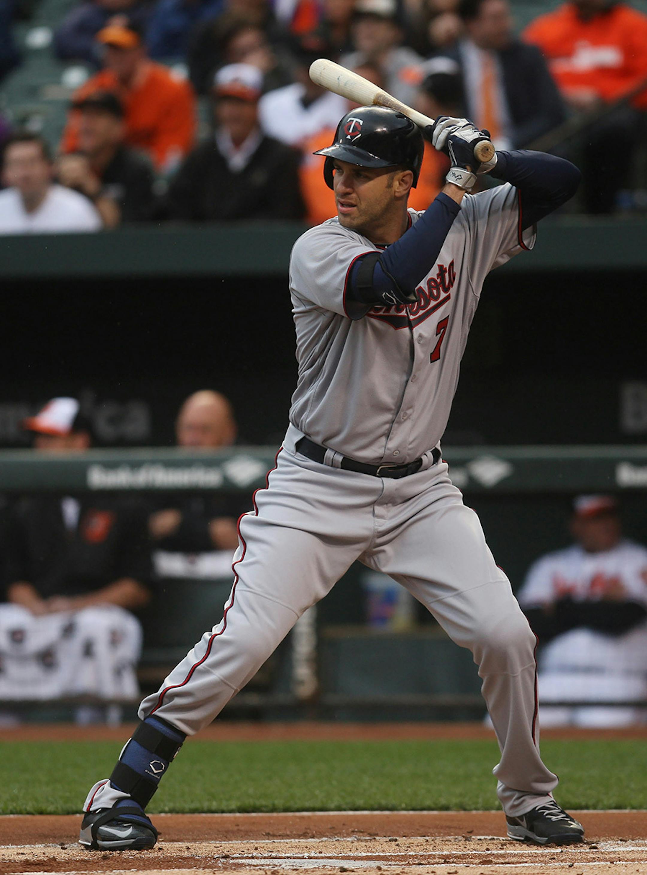 Minnesota Twins first baseman Joe Mauer (7) at bat against the Baltimore Orioles at Oriole Park at Camden Yards in Baltimore, MD on April 4, 2016.