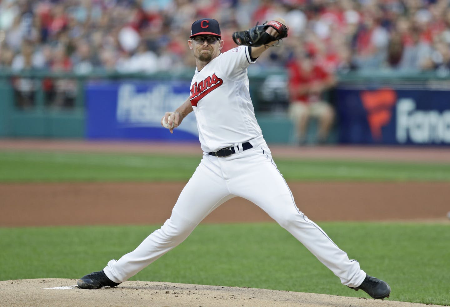 Cleveland Indians starting pitcher Tyler Clippard delivers in the first inning in the second baseball game of a doubleheader against the Minnesota Twins, Saturday, Sept. 14, 2019, in Cleveland. (AP Photo/Tony Dejak)