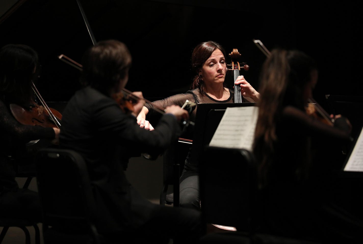 Cellist Julie Albers performed with her fellow musicians during the St. Paul Chamber Orchestra's performance Friday. ] ANTHONY SOUFFLE &#x2022; anthony.souffle@startribune.com Musicians from the St. Paul Chamber Orchestra performed Friday, May 11, 2018 at the Humboldt High School Auditorium in St. Paul, Minn. The St. Paul Chamber Orchestra has become a national model for innovation in the orchestra world.