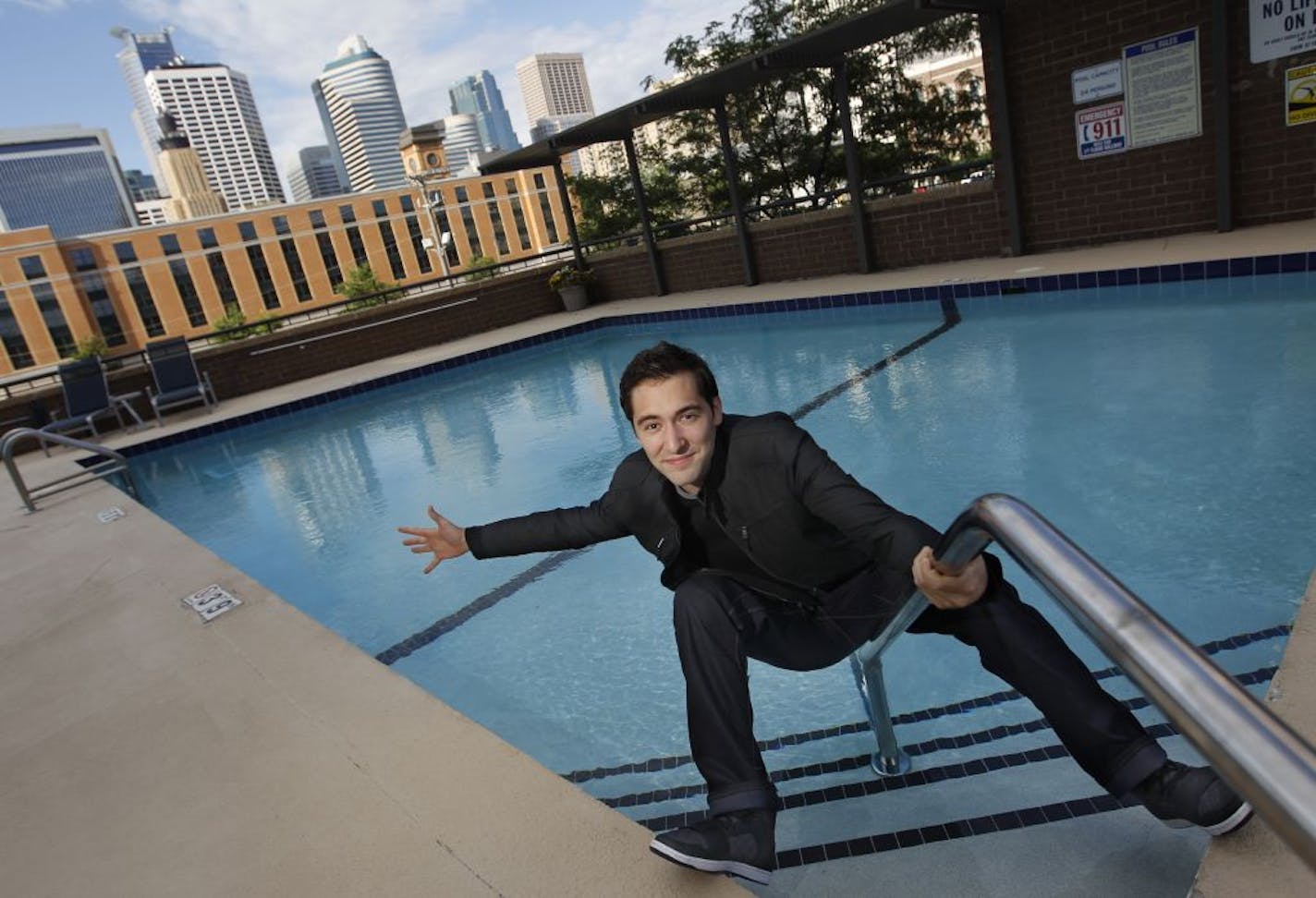 Hugh Kennedy loosens up in his apartment's pool to meet the rigors of "Hamlet."