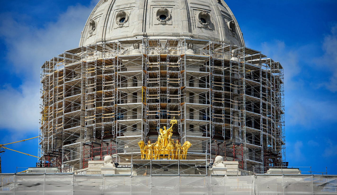 Scaffolding around the Capitol dome. ] GLEN STUBBE * gstubbe@startribune.com , Tuesday, May 19, 2015 Crews wasted no time clearing out furniture and artwork from the Minnesota State Capitol just hours after it was vacated by lawmakers who ended their session at midnight Monday. ] GLEN STUBBE * gstubbe@startribune.com , Tuesday, May 19, 2015 ORG XMIT: MIN1505191553030792 ORG XMIT: MIN1505222137040192