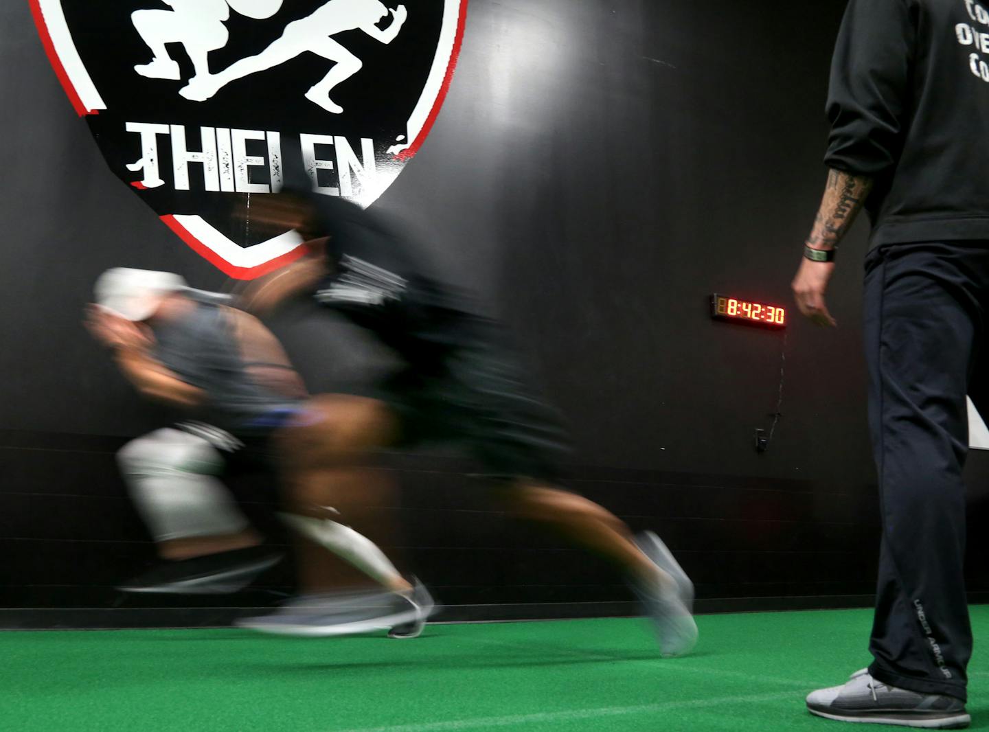 Adam Thielen, the Minnesota talent and Vikings' leading receiver, left, drills with fellow Viking Cedric Thompson at Thielen's ETS Elite Thielen Sports Performance Thursday, Feb. 23, 2017, in Lakeville, MN.] DAVID JOLES &#x2022; david.joles@startribune.com Adam Thielen, the Minnesota talent and Vikings' leading receiver, has doubled down on the workout regimen that helped turn him from undrafted to can't-miss. Last summer Thielen embarked on a possible post-playing career by opening a new gym in