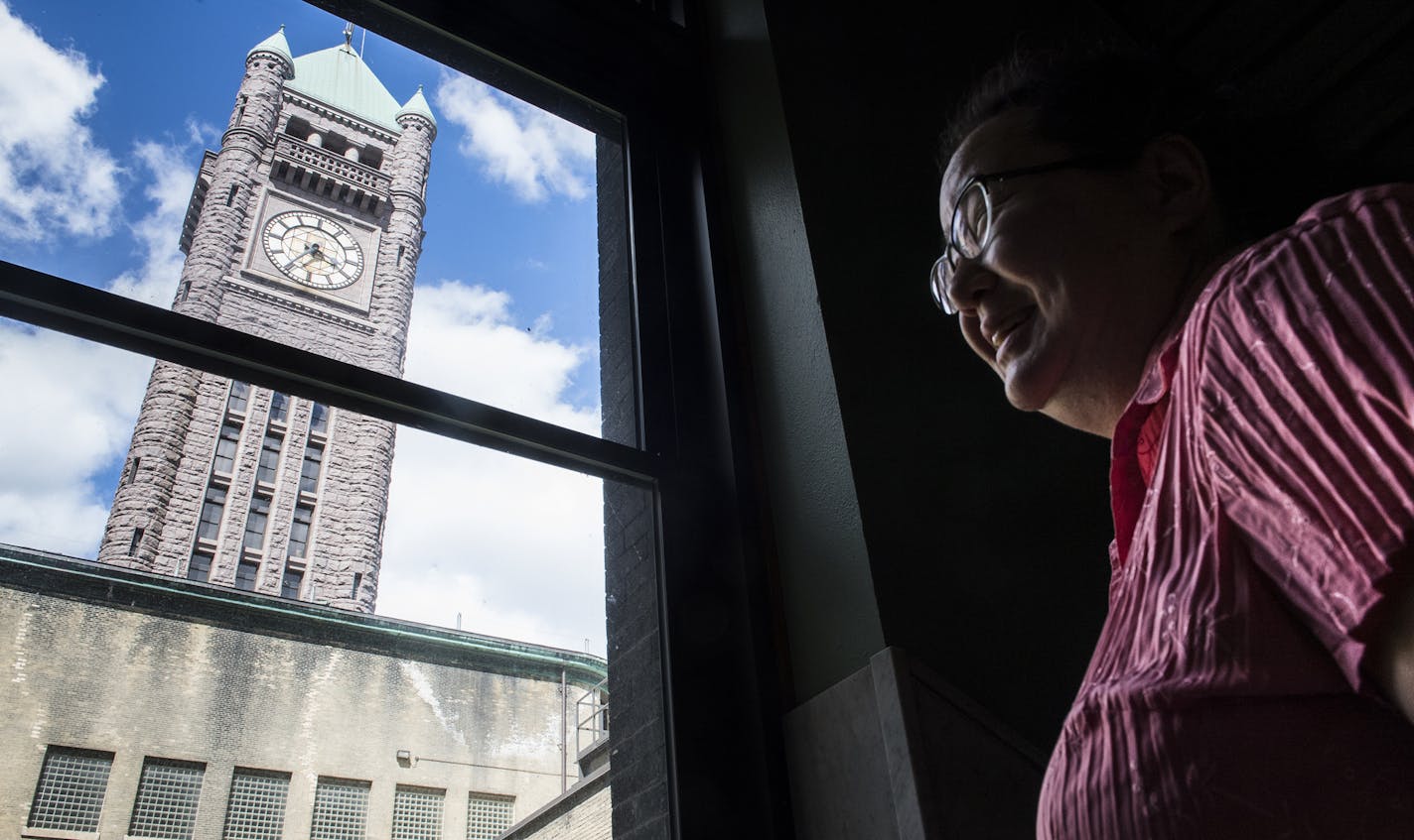 Until the Foshay Tower was built in the 1920s, the clock tower made the City Hall and Courthouse the tallest building in Minneapolis. The clock, measuring 23 feet, six inches in diameter, was the largest in the world at the time it was installed &#x2013; larger than London&#x2019;s Big Ben. ] Isaac Hale &#xef; isaac.hale@startribune.com Teresa Baker, of the Municipal Building Commission, gave a tour of the oddities and interesting facets of the Minneapolis City Council building on Monday, June 2