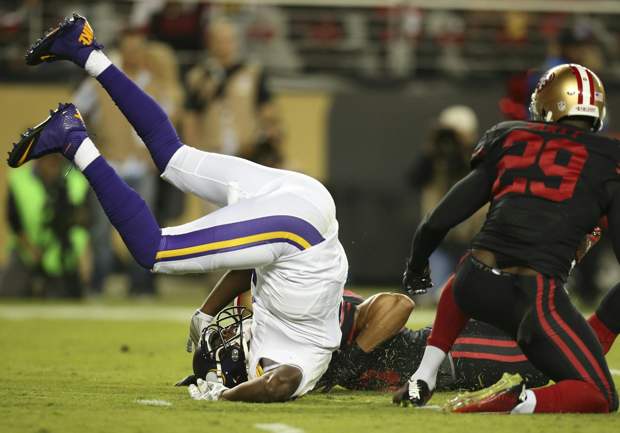 Vikings quarterback Teddy Bridgewater (5) was sacked for a 14 yard loss by San Francisco 49ers strong safety Jaquiski Tartt (29) in the first quarter Monday night. ] JEFF WHEELER &#xef; jeff.wheeler@startribune.com The Minnesota Vikings opened their NFL season with a Monday Night Football game against the San Francisco 49ers at Levi's Stadium in Santa Clara, CA on September 14, 2015.
